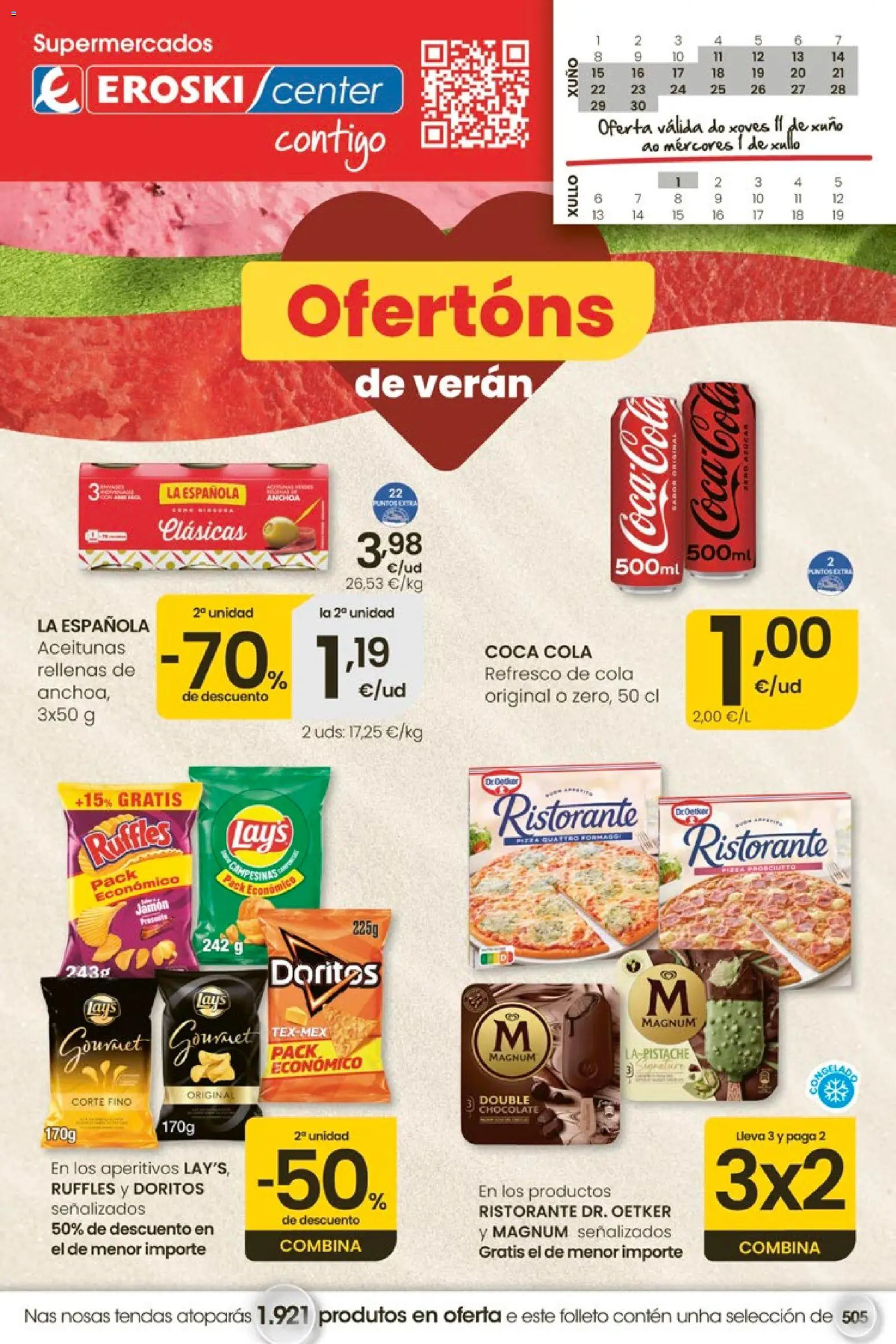 Eroski Ofertóns de verán │ válido desde el 11.06.2026 | Página: 1 | Productos: Chocolate, Jamón, Pizza, Anchoa