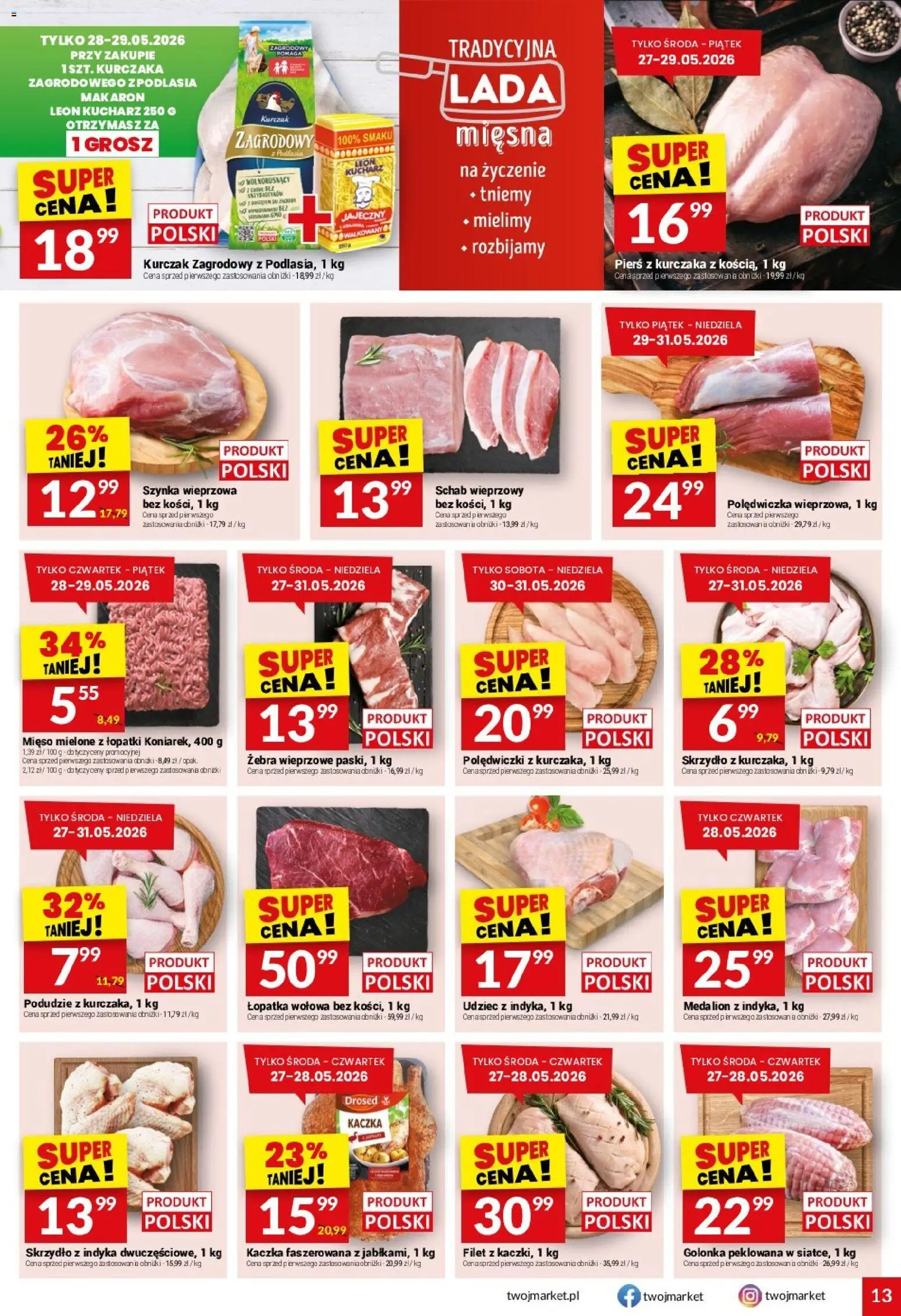 Twój Market gazetka od 27.05.2026 | Strona: 13 | Produkty: Pierś z kurczaka, Kurczak, Mięso, Szynka wieprzowa
