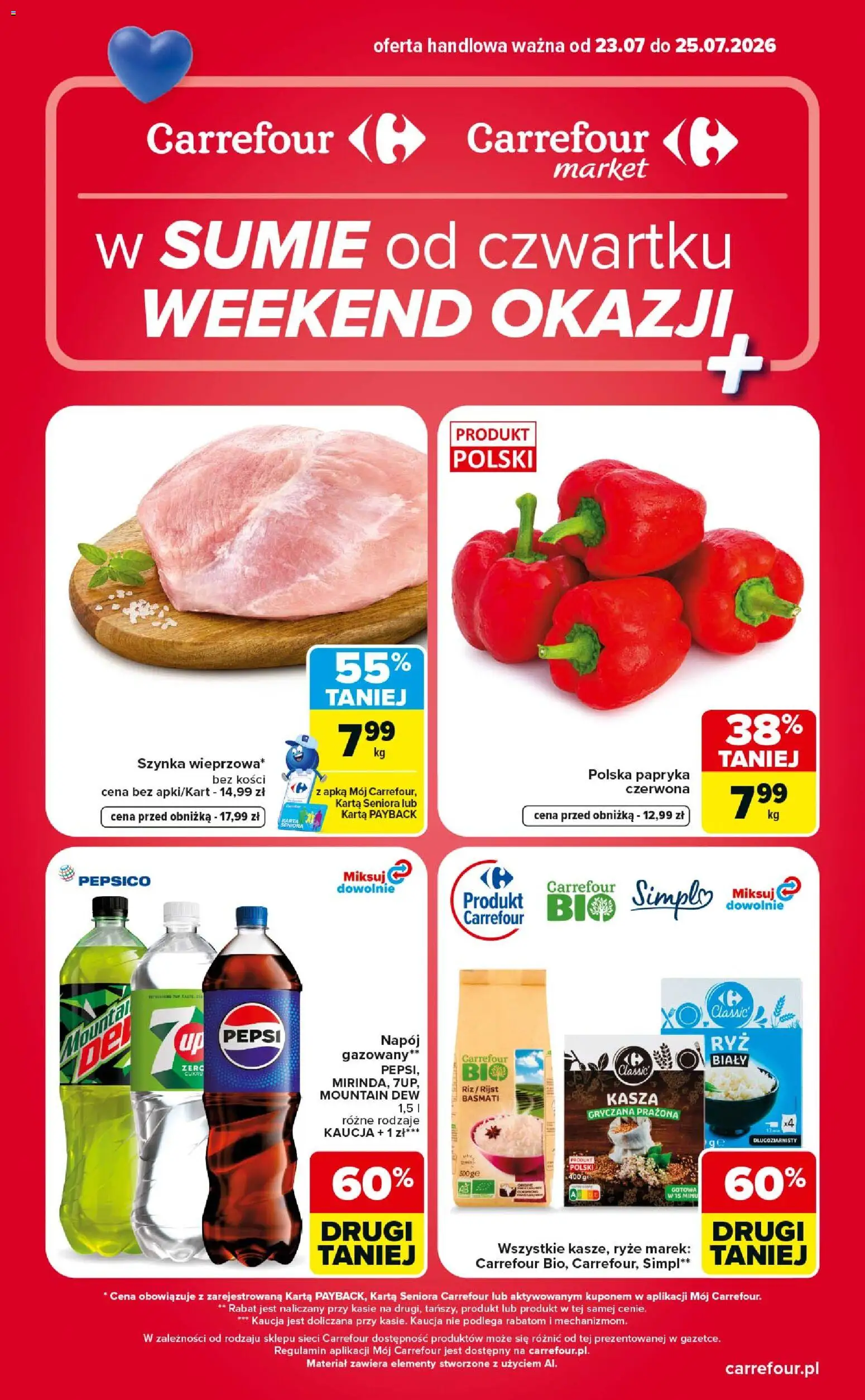 Carrefour gazetka - Weekend okazji od 23.07.2026 | Strona: 1 | Produkty: Karta, Kasza, Pepsi, Szynka