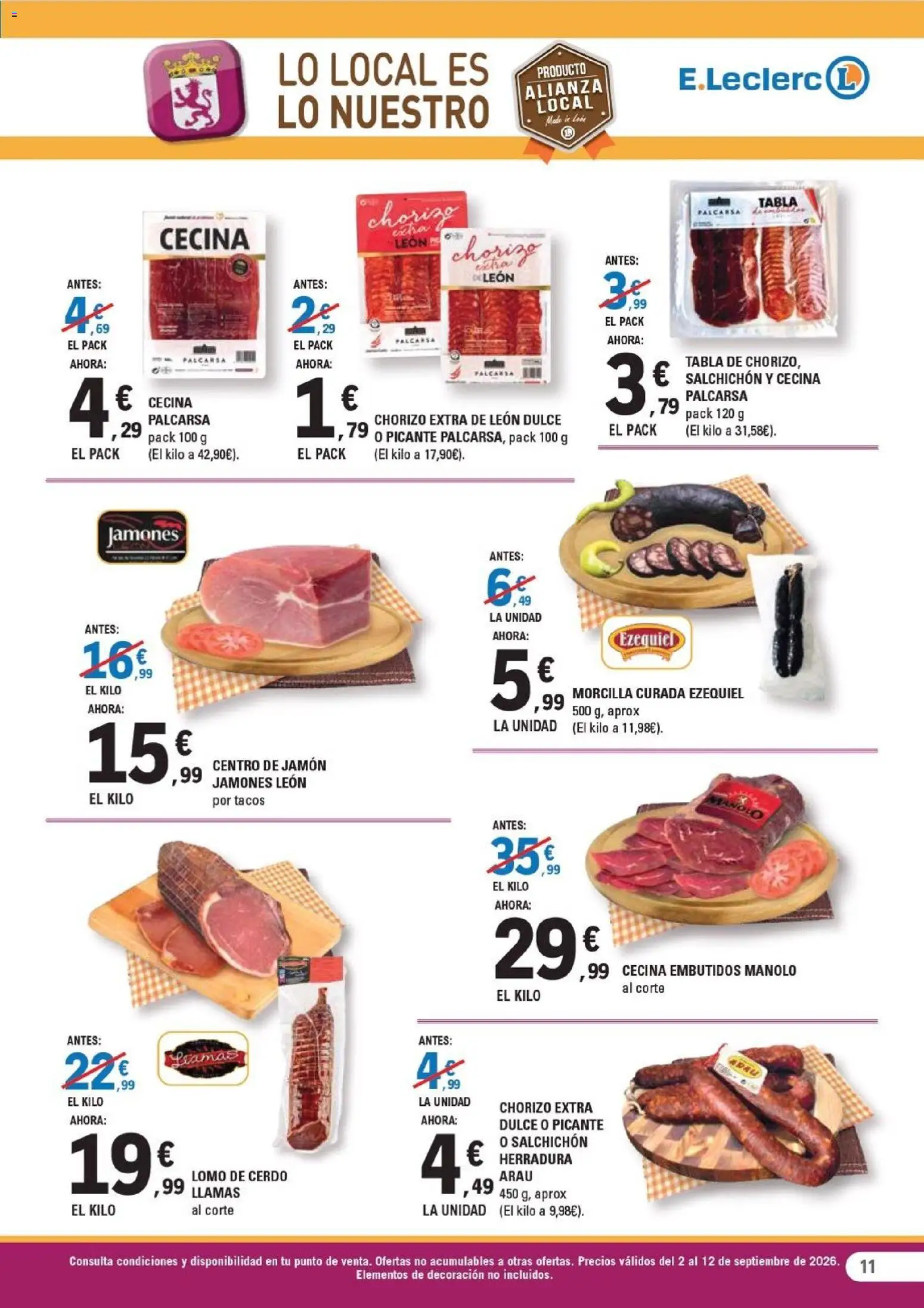 E.Leclerc folleto León │ válido desde el 02/09/2026 | Página: 11 | Productos: Dulce, Cerdo, Tacos, Embutidos