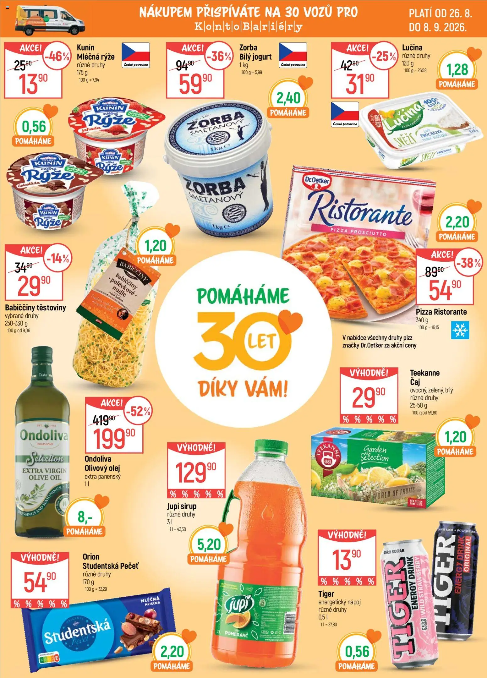 Globus leták - Pomáháme 30 let od 26.08.2026 | Strana: 1 | Produkty: Pizza, Prosciutto, Mléčná rýže, Bílý jogurt