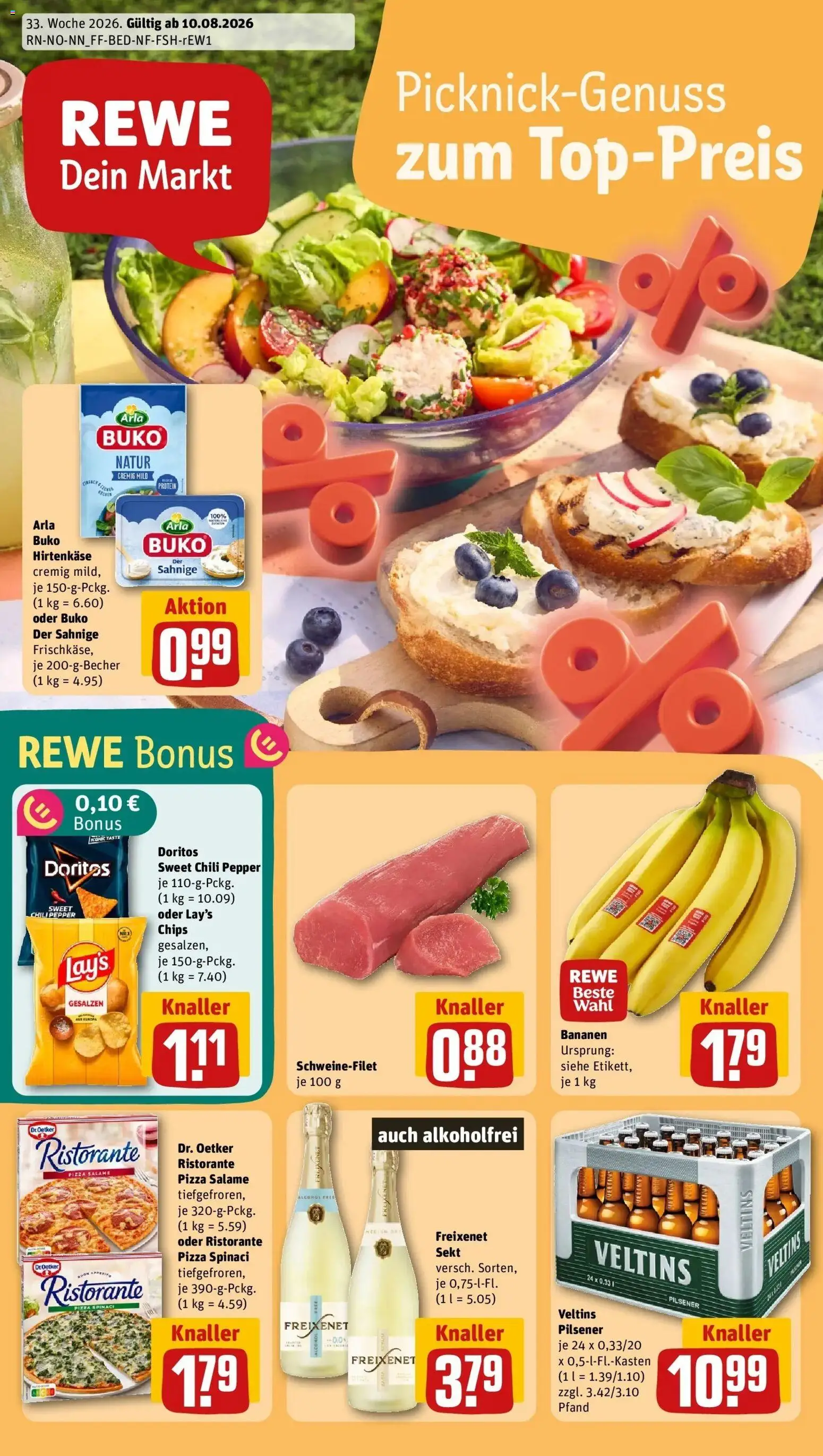 REWE Prospekt ab 10.08.2026 zum Blättern » Angebote | Seite: 1 | Produkte: Ristorante, Freixenet, Schweinefilet, Veltins