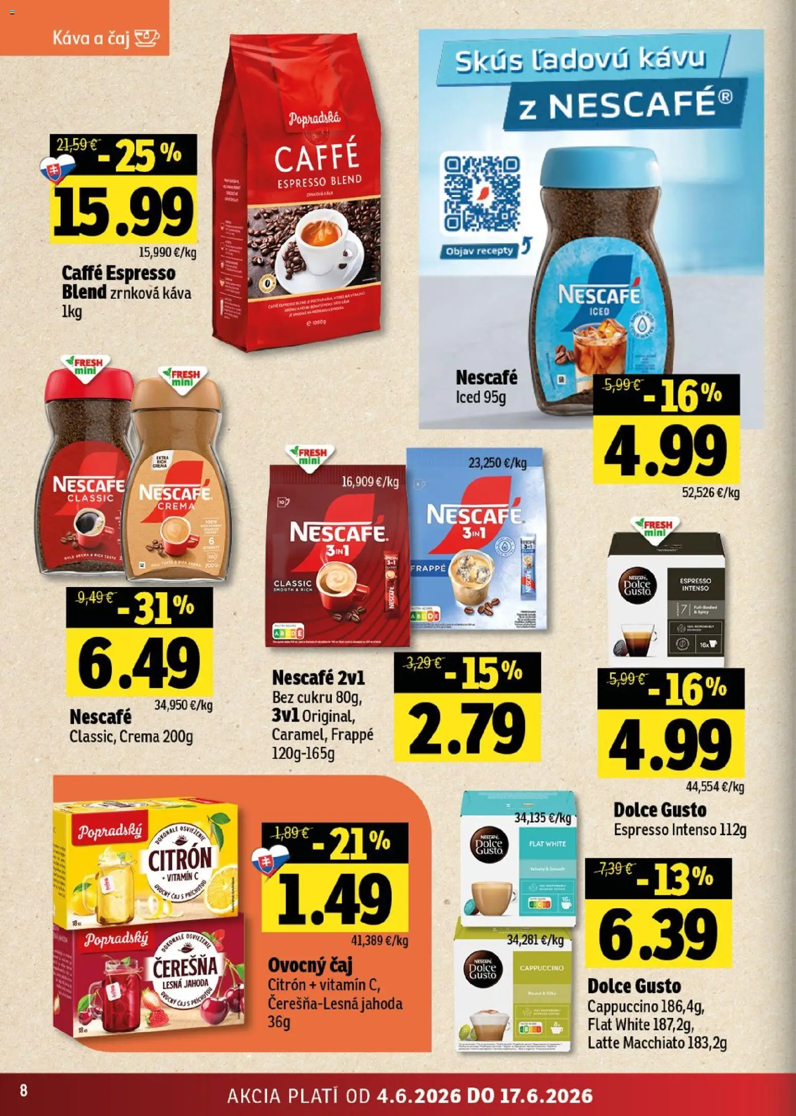 Nové Fresh akcie – leták je platný od 04.06.2026 | Strana: 8 | Produkty: Dolce Gusto, Káva, Čaj, Zrnková káva