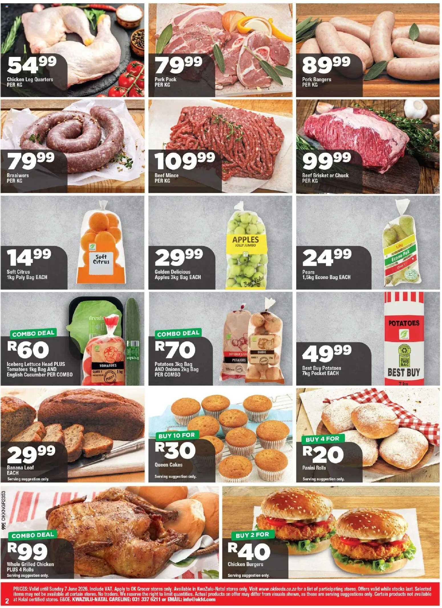 New OK Foods catalogue – valid from 25.05.2026 | Page: 2 | Products: Pears, Apples, Burgers, Lettuce