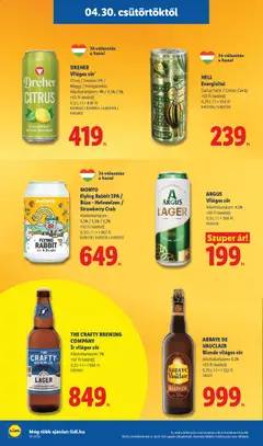 MONYO Flying Rabbit IPA / Búza - Hefeweizen / Strawberry Crab, Flying Rabbit IPA / Búza - Hefeweizen / Strawberry Crab. Alkoholtartalom: 6,5% / 5,5% / 3,2%. +50 Ft betétdíj - amely érvényes a következő dátumtól: 30.04.2026 | Oldal: 18 | Termékek: Energiaital, Meggy, Sör