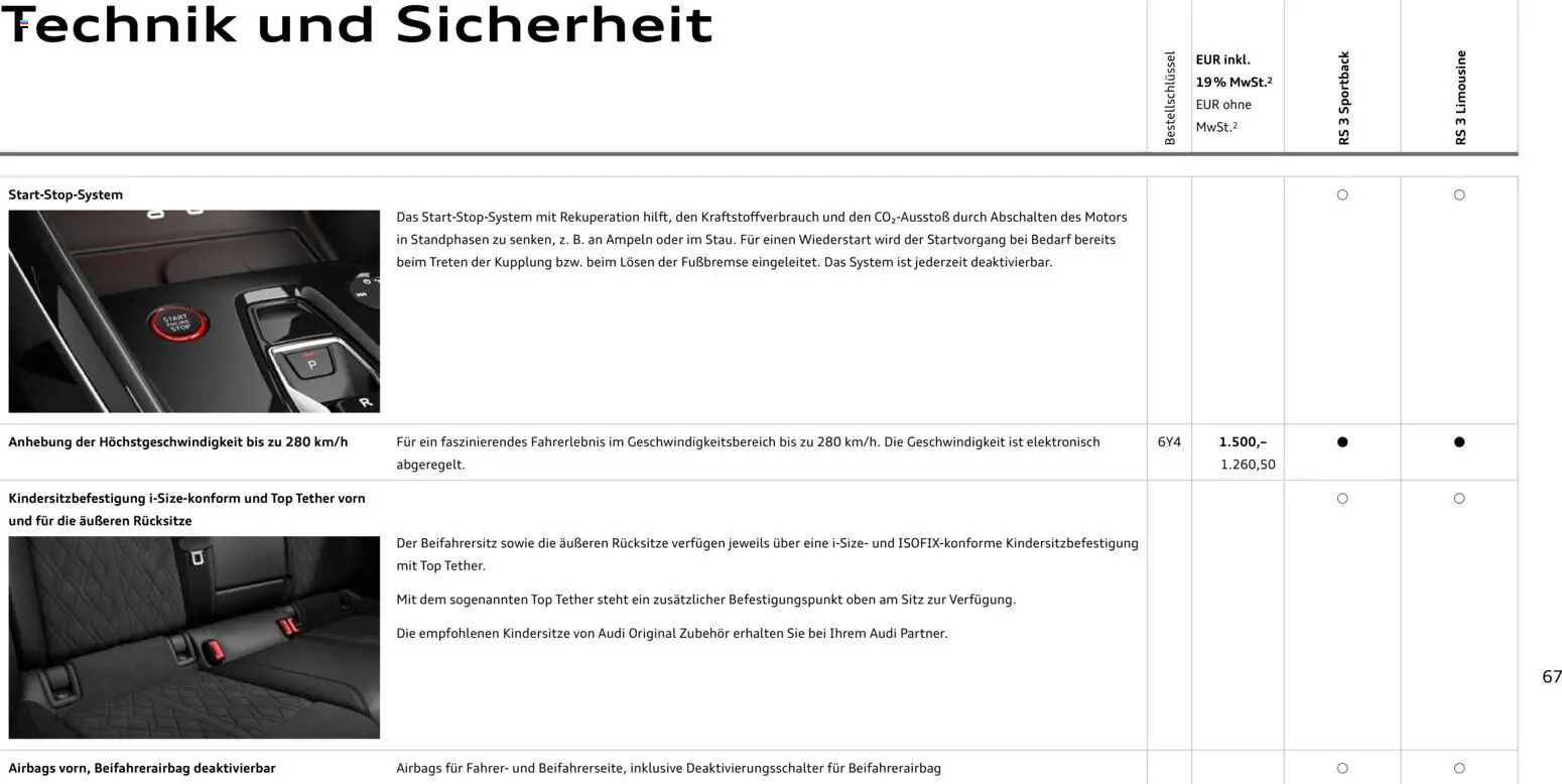 Audi RS 3 Sportback / RS 3 Limousine – gültig ab 28.10.2025 | Seite: 67