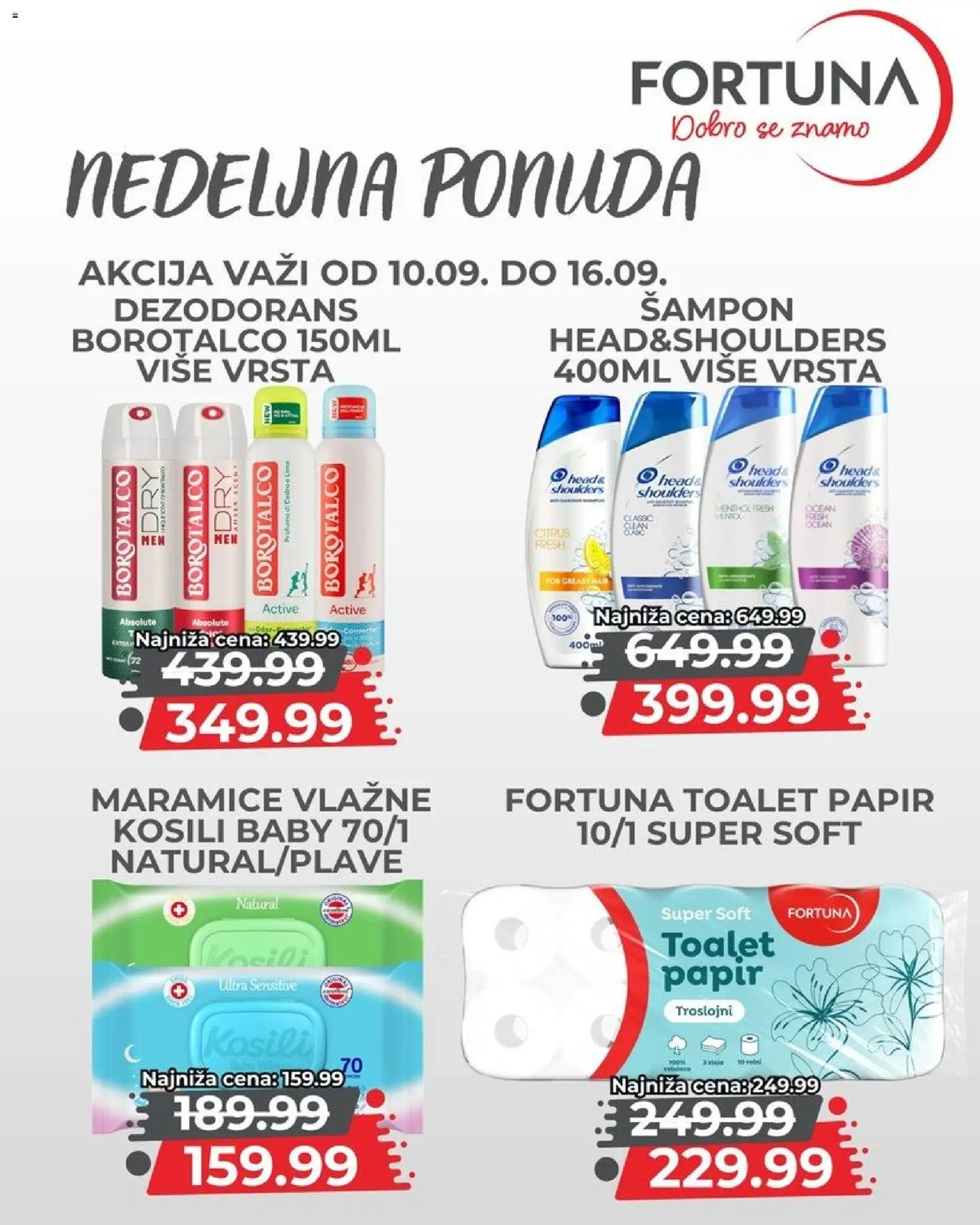 Fortuna Market katalog - važi od 10.09.2026 | Strana: 10 | Proizvode: Maramice, Šampon, Dezodorans, Borotalco