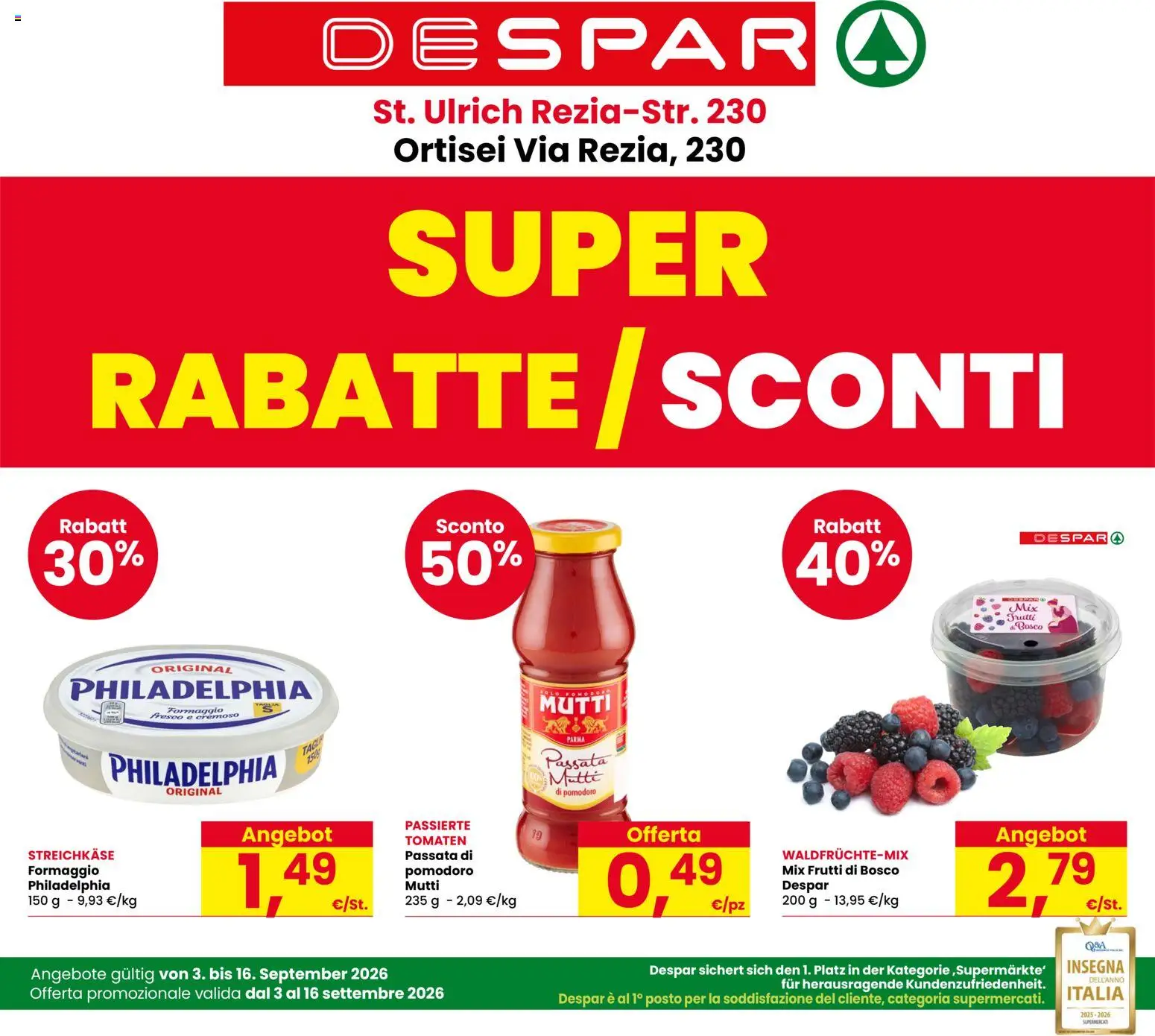 Volantino Despar del 03/09/2026 | Pagina: 1 | Prodotti: Pomodoro, Formaggio, Mutti, Formaggio fresco