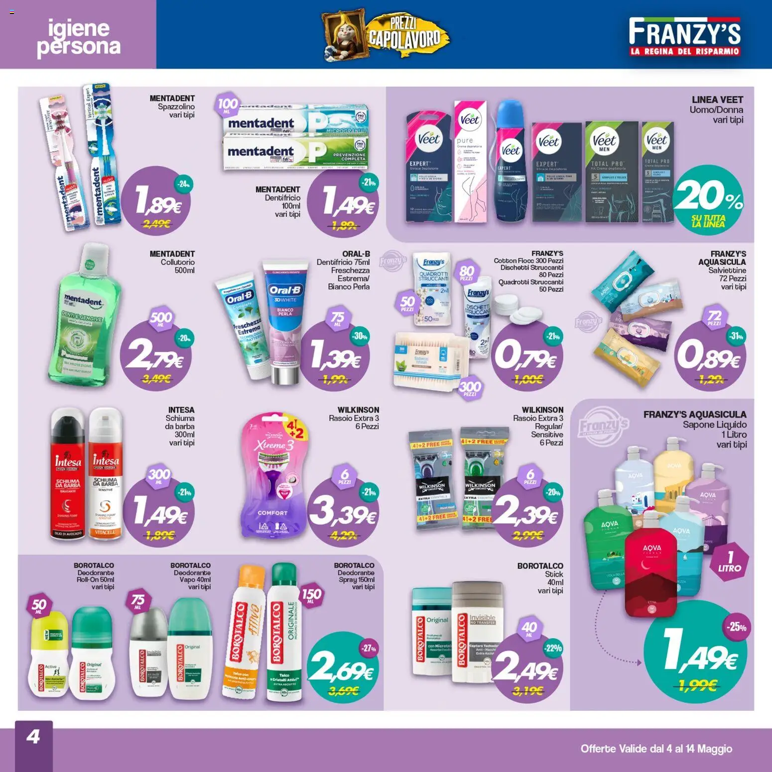 Volantino Franzy's del 04.05.2026 | Pagina: 4 | Prodotti: Sapone, Deodorante, Collutorio, Olio