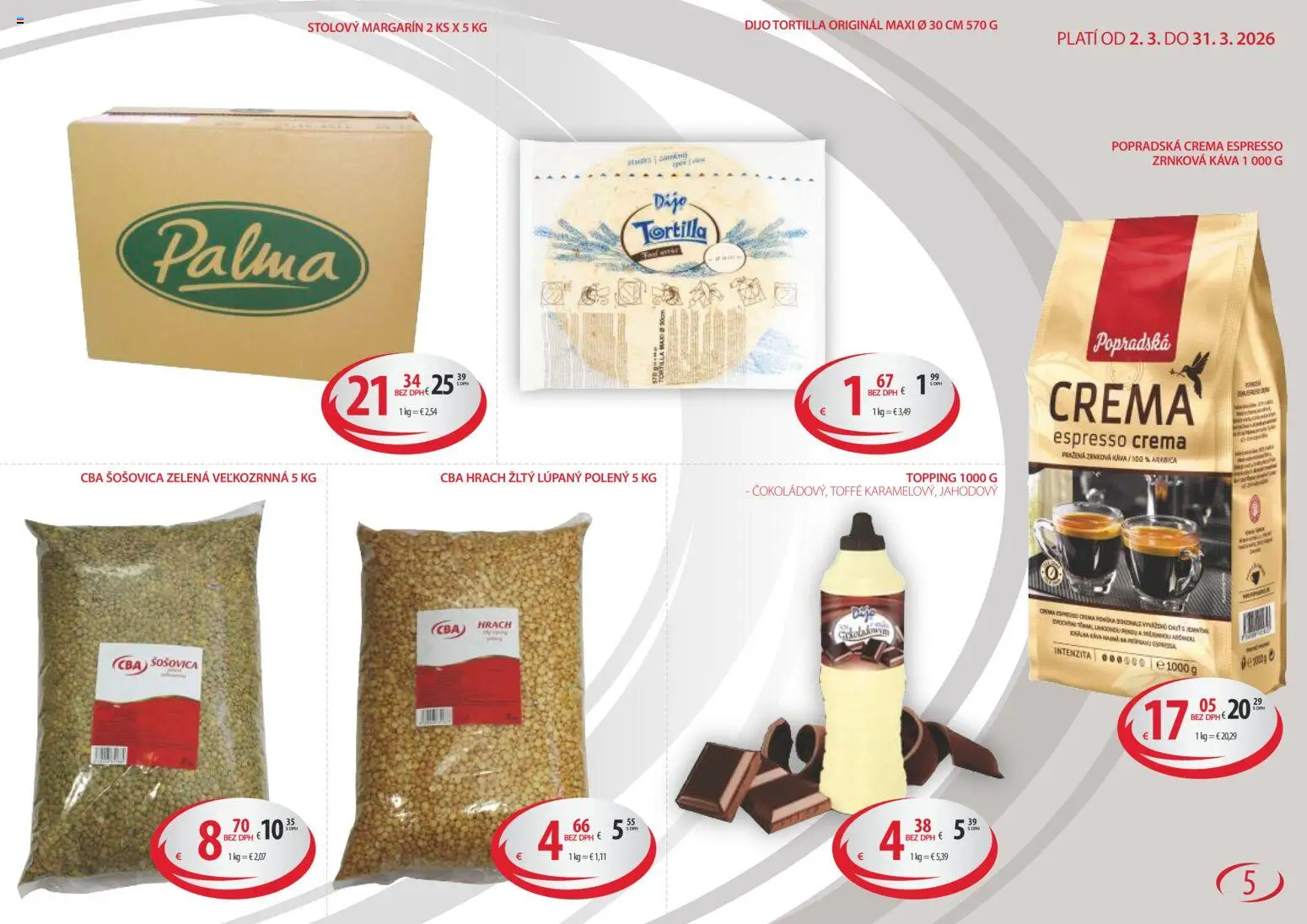 Nové CBA Komfos akcie – leták je platný od 02.03.2026 | Strana: 5 | Produkty: Káva, Tortilla, Šošovica, Zrnková káva