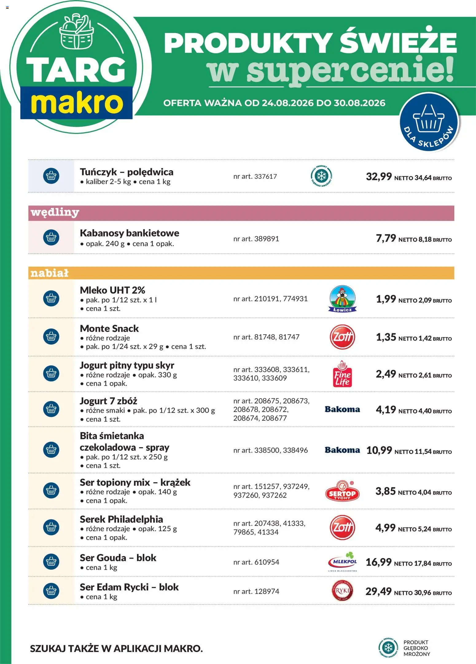 Makro gazetka - Oferta świeża w super cenach od 24.08.2026 | Strona: 7 | Produkty: Tuńczyk, Mleko, Ser, Wędliny