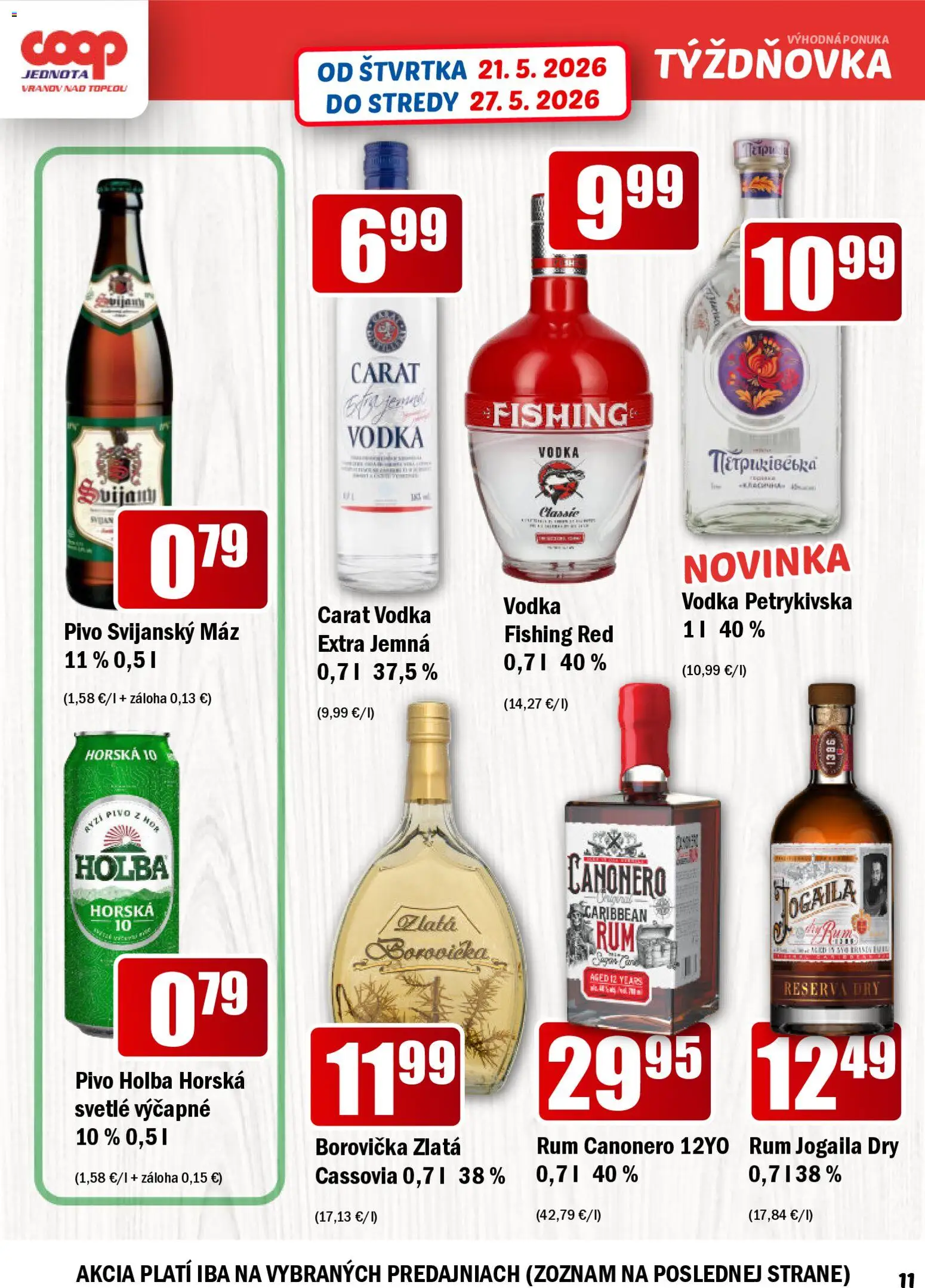 Nové COOP Jednota akcie – leták je platný od 21.05.2026 | Strana: 11 | Produkty: Pivo, Borovička, Vodka, Rum