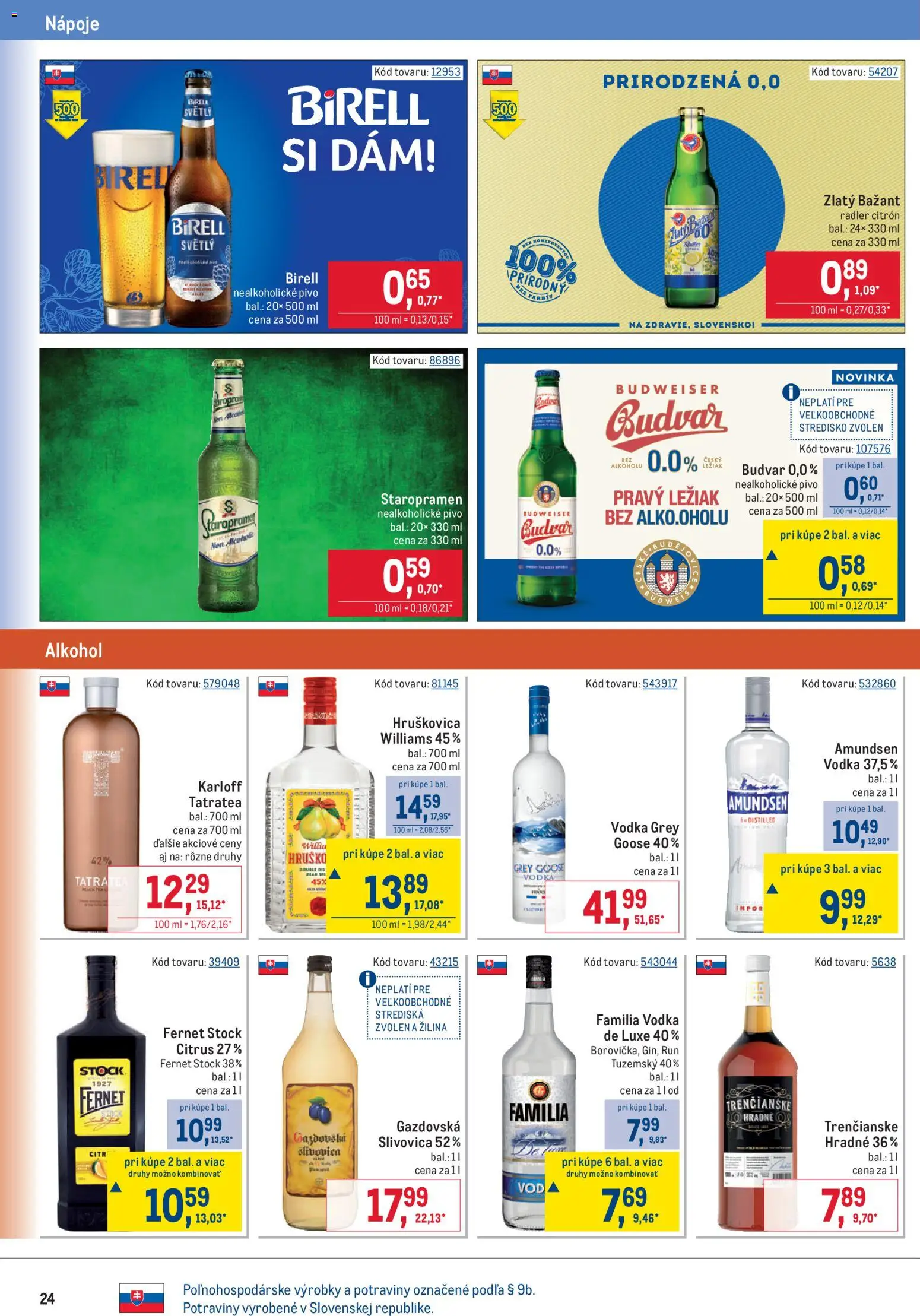 Nové Metro akcie – leták je platný od 22.04.2026 | Strana: 24 | Produkty: Birell, Budvar, Vodka, Nealkoholické pivo