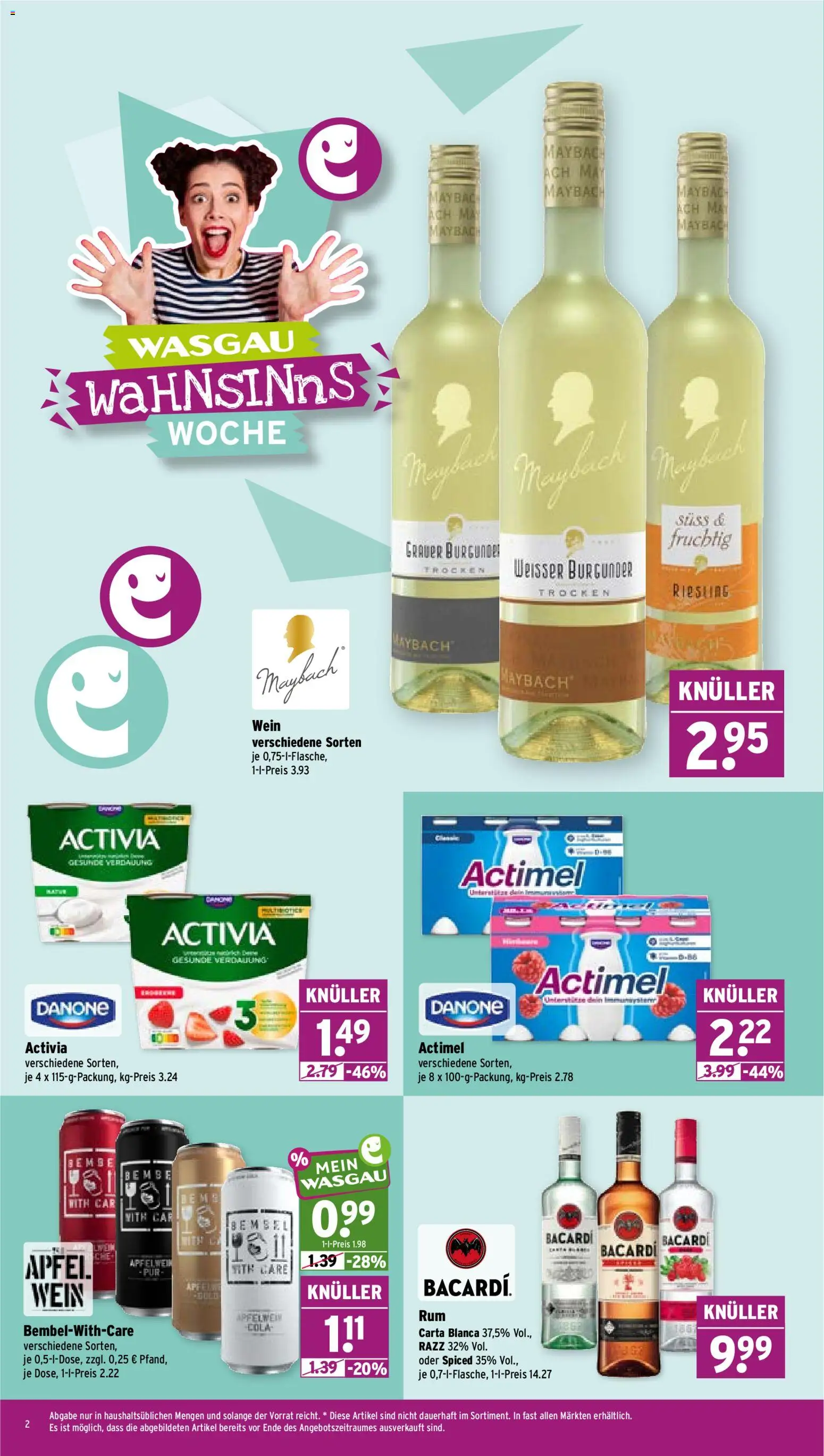 Wasgau Prospekt – gültig ab 27.07.2026 | Seite: 2 | Produkte: Bacardi, Activia, Actimel, Cola