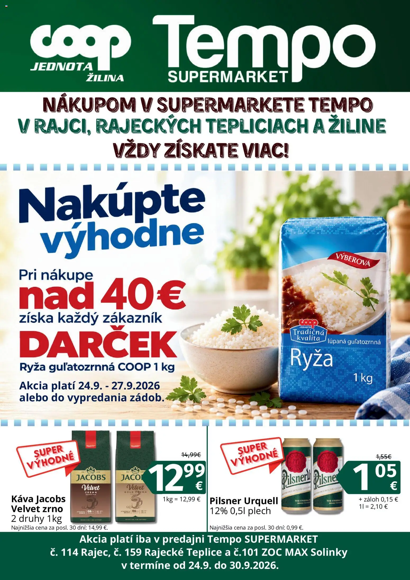 Nové COOP Jednota akcie – leták je platný od 24.09.2026 | Strana: 1 | Produkty: Pilsner Urquell, Káva, Ryža