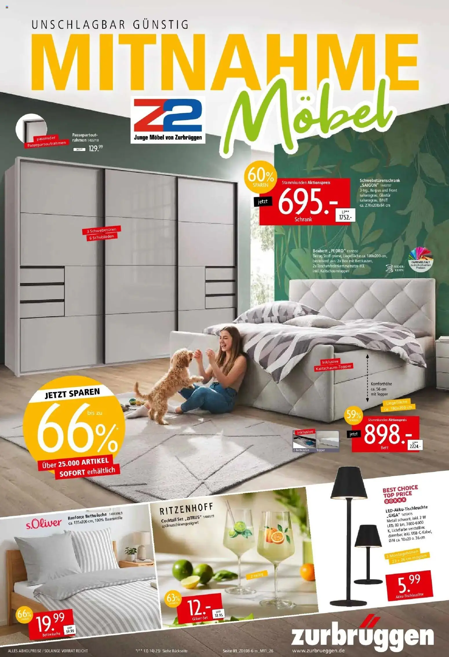 Zurbrüggen - Zurbrüggen: Mitnahme Möbel – gültig ab 29.08.2026 | Seite: 1 | Produkte: Schwebetürenschrank, Topper, Box, Bettwäsche