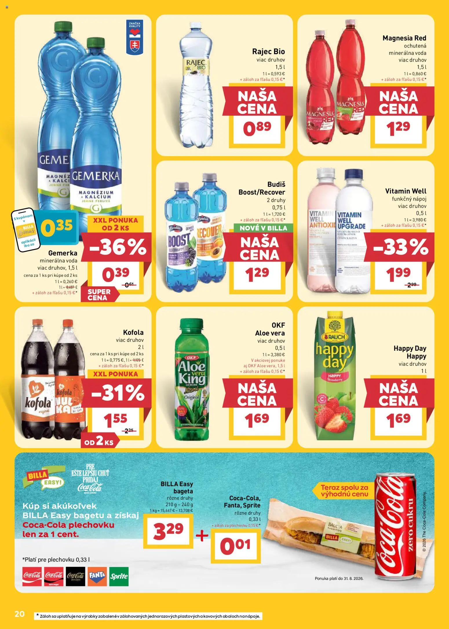 Nové Billa akcie – leták je platný od 22.07.2026 | Strana: 20 | Produkty: Aloe Vera, Rajec, Budiš, Gemerka