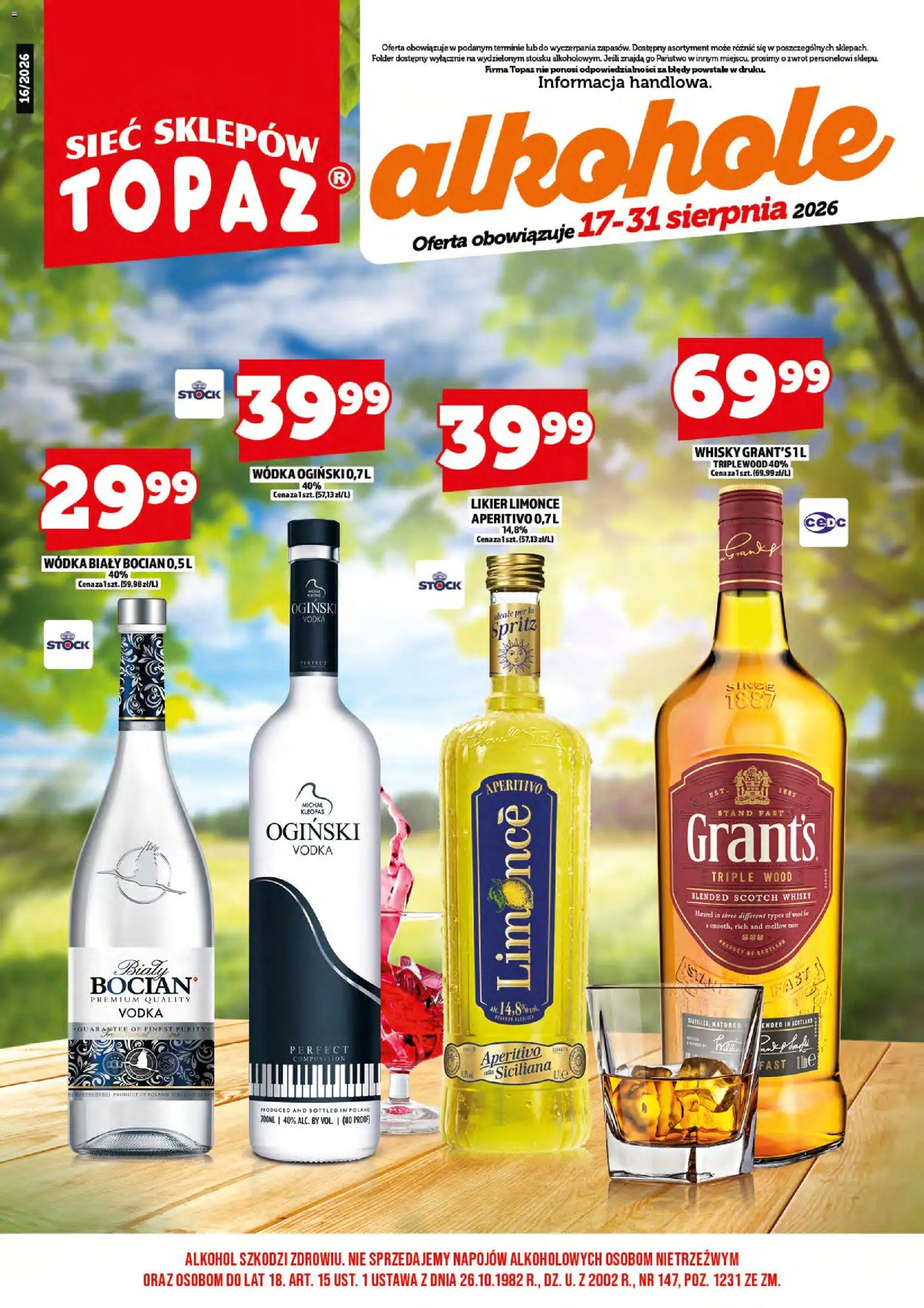 Topaz gazetka alkoholowa od 17.08.2026 | Strona: 3 | Produkty: Grant's, Vodka, Alkohol, Biały Bocian