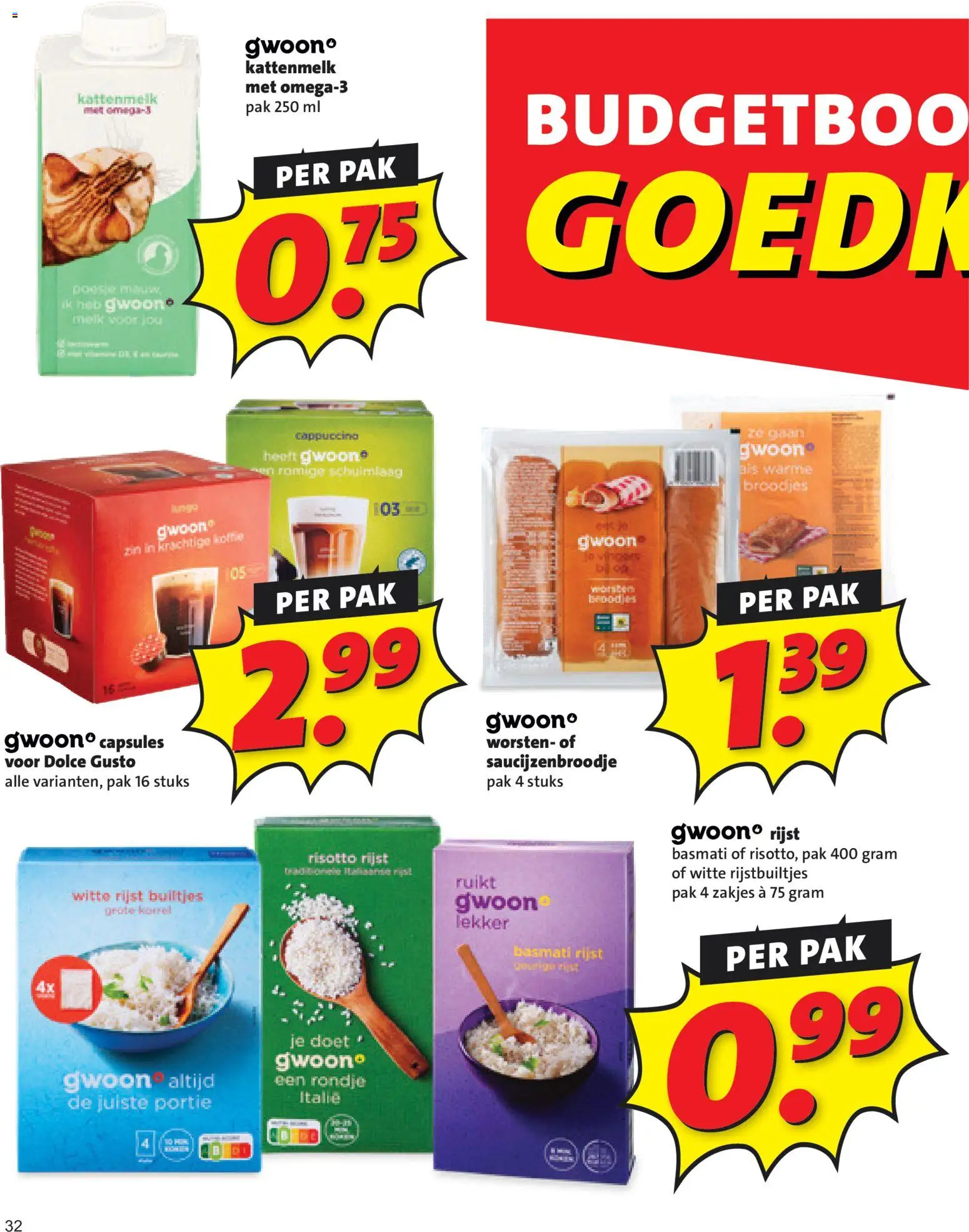 {H1} | Pagina: 32 | Producten: Melk, Witte rijst, Cappuccino, Broodjes