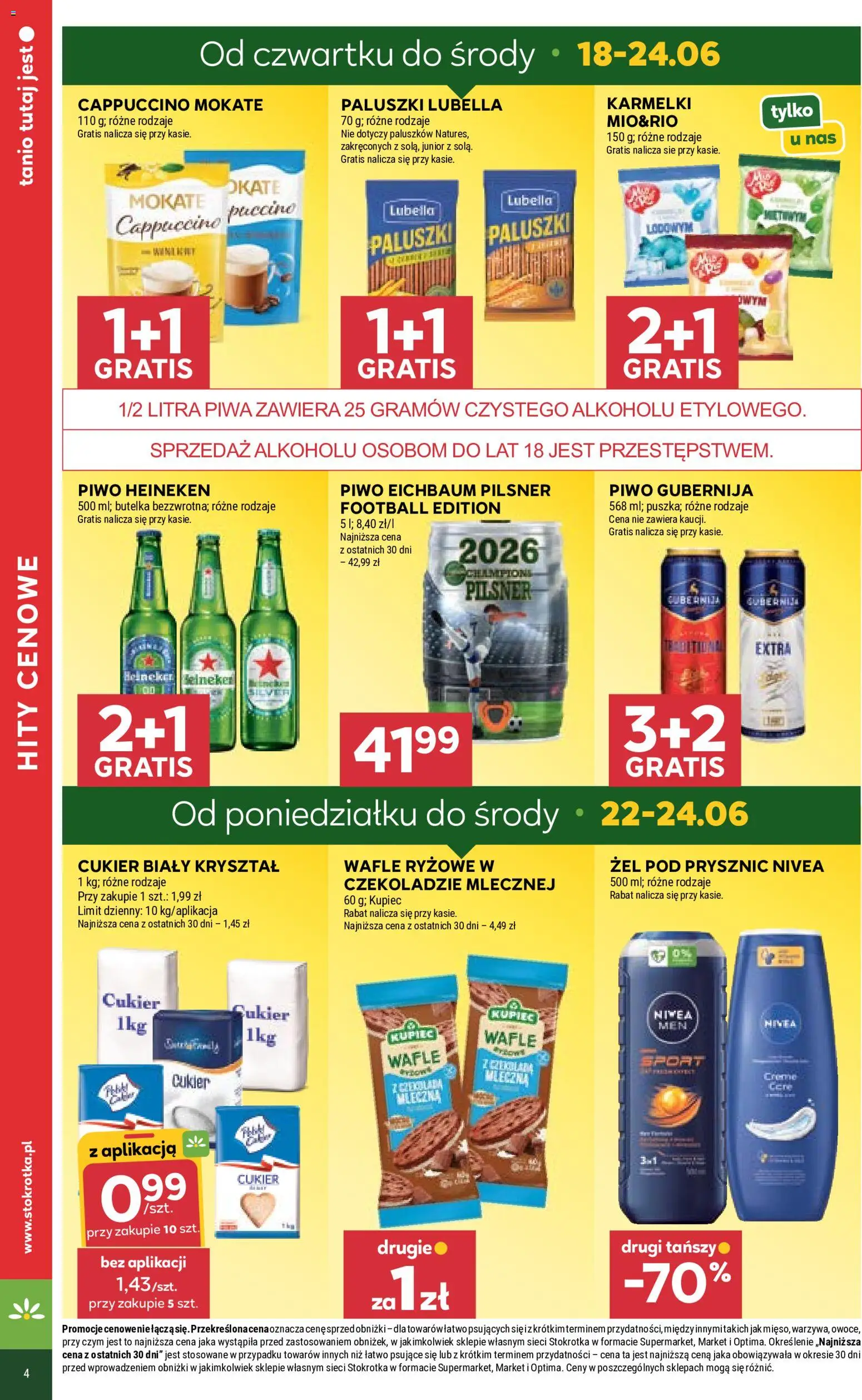 Stokrotka gazetka - Market od 18.06.2026 | Strona: 4 | Produkty: Cappuccino, Piwo, Żel pod prysznic, Cukier