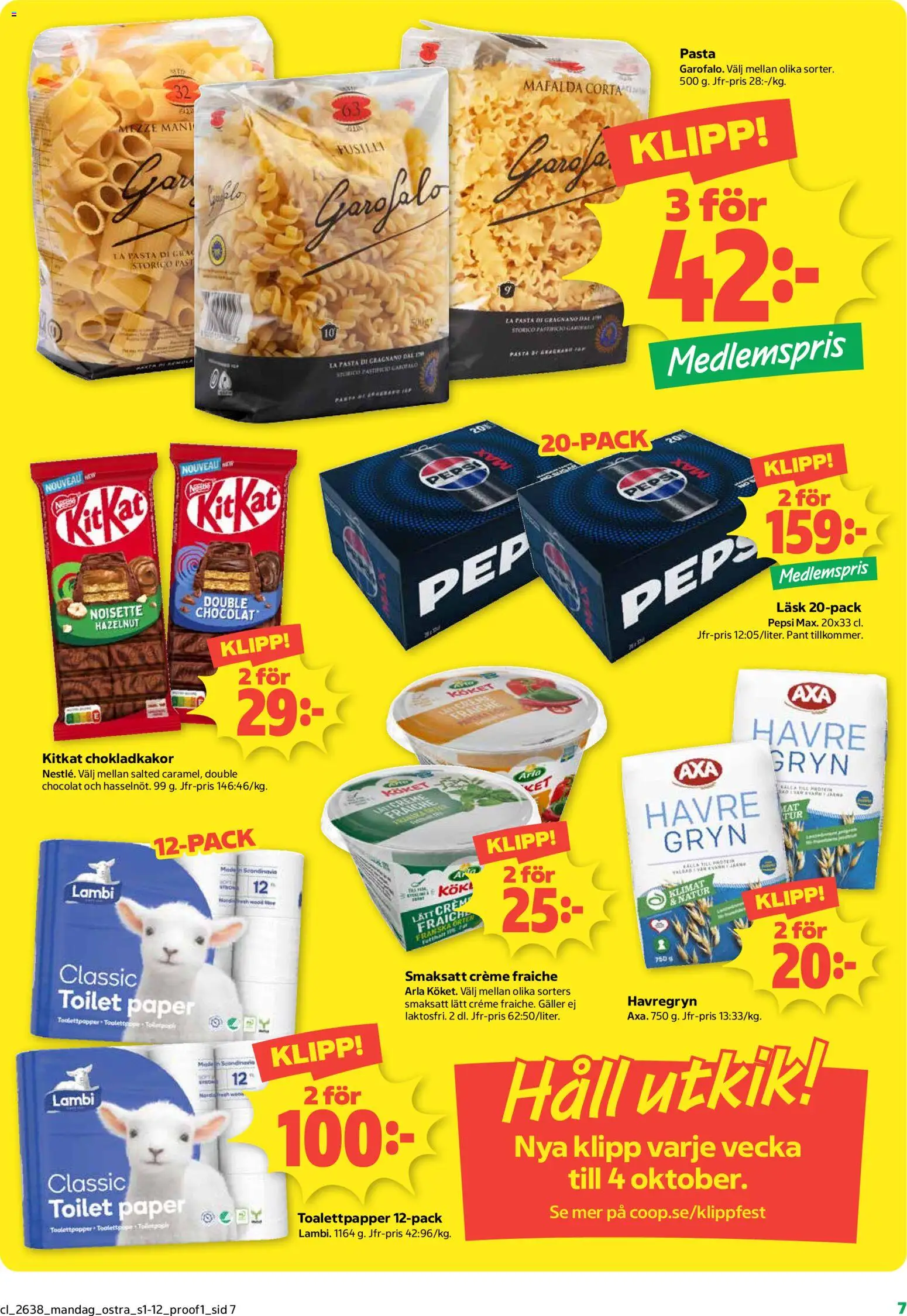 Coop Daglivs reklamblad aktuell från 14/09/2026 | Sida: 7 | Produkter: Toalettpapper, Galler, Creme fraiche, Chokladkakor