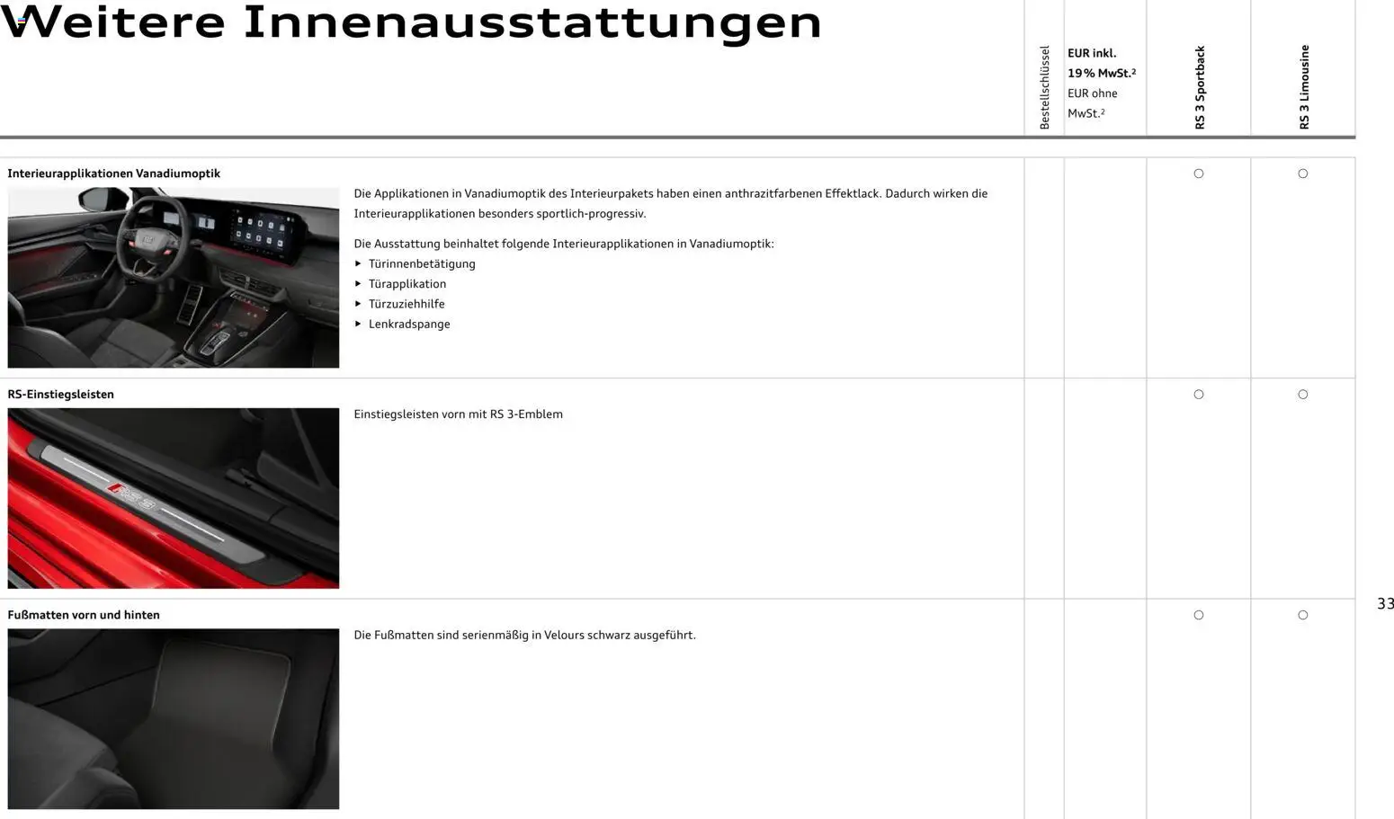 Audi RS 3 Sportback / RS 3 Limousine – gültig ab 28.10.2025 | Seite: 33