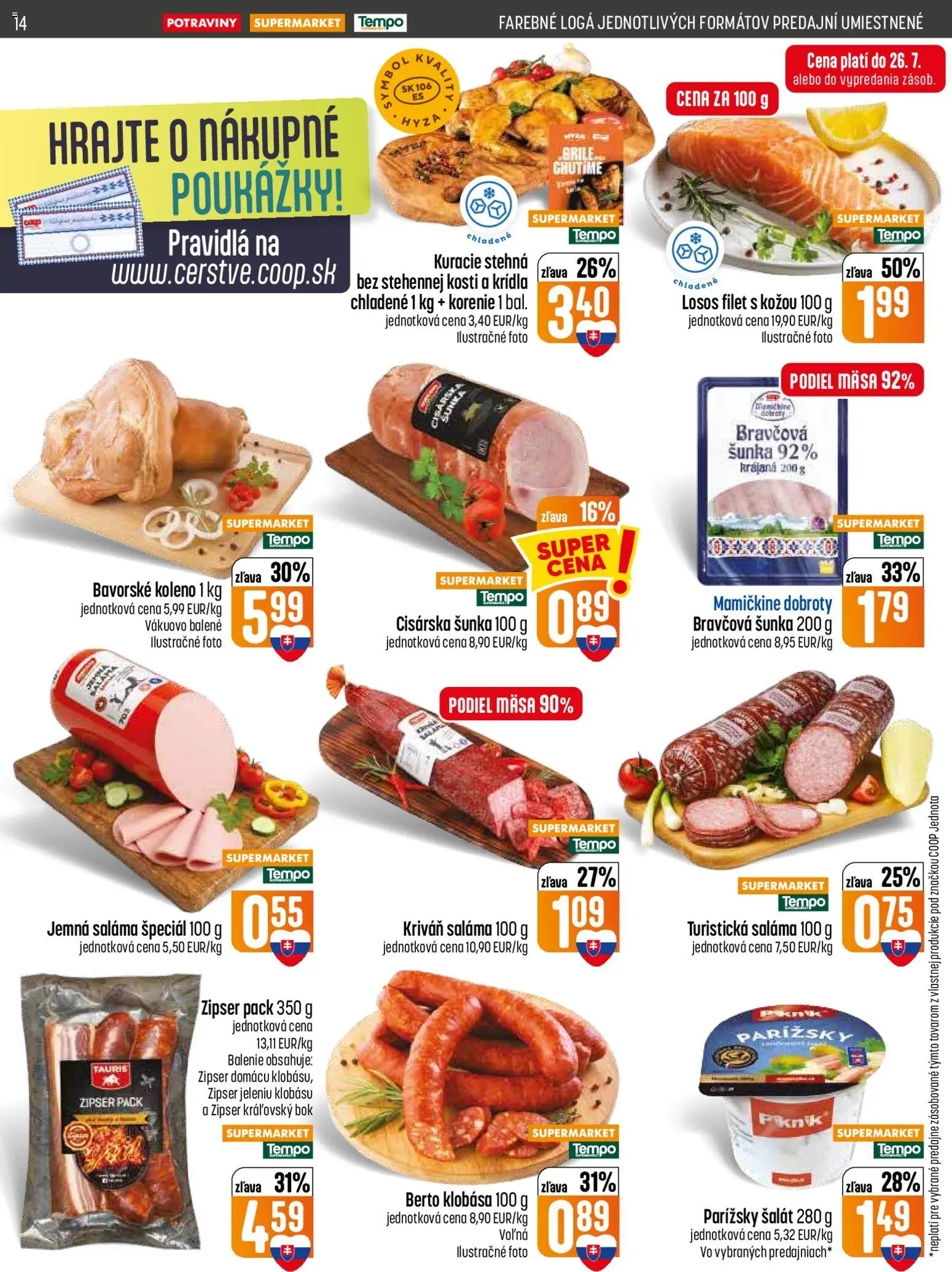 Nové COOP Jednota akcie – leták je platný od 23.07.2026 | Strana: 14 | Produkty: Saláma, Klobása, Losos, Korenie