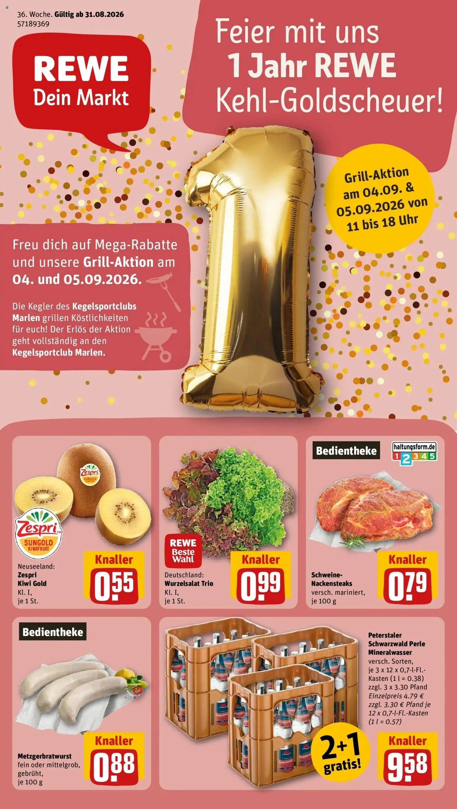 REWE Prospekt ab 31.08.2026 zum Blättern » Angebote | Seite: 1 | Produkte: Nackensteaks, Mineralwasser, Kiwi, Uhr