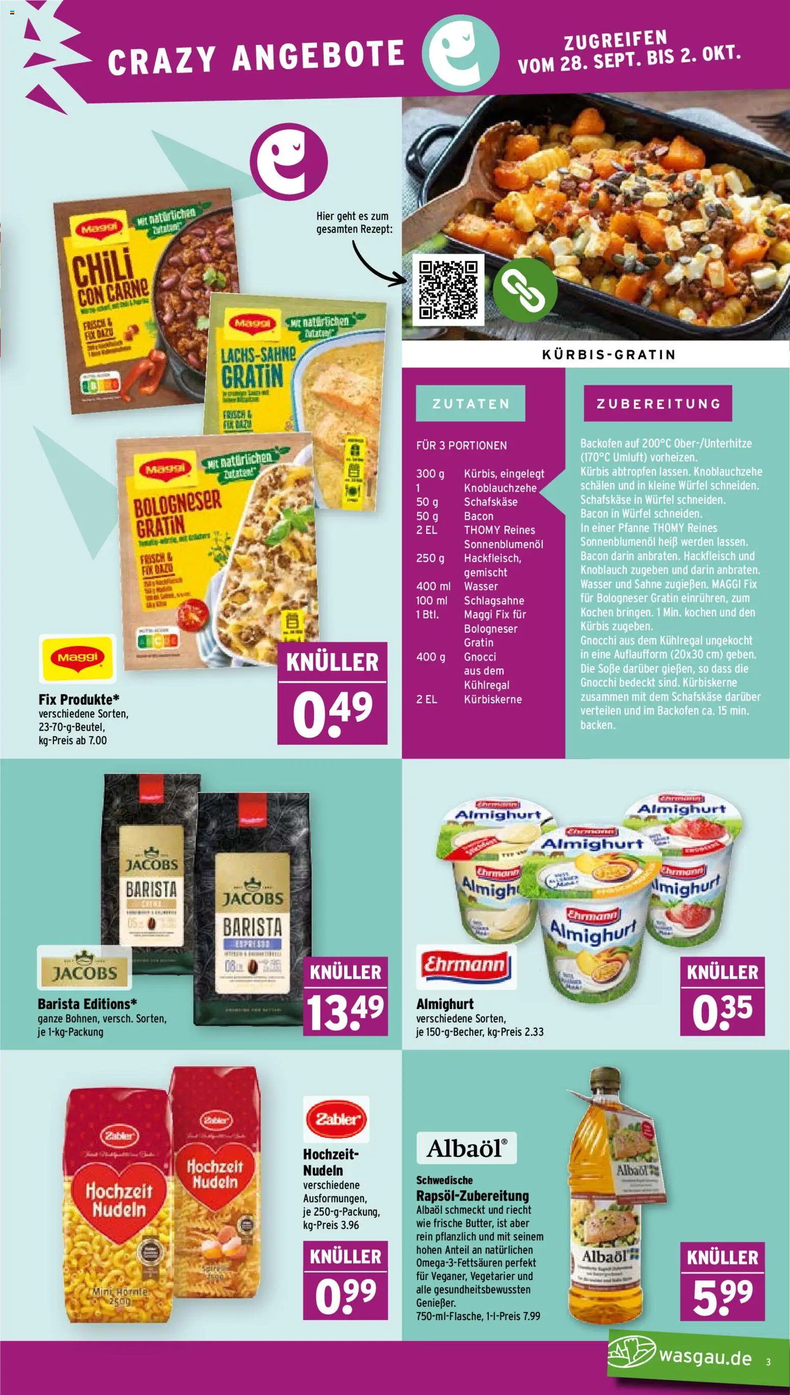 Wasgau Prospekt – gültig ab 28.09.2026 | Seite: 3 | Produkte: Gnocchi, Gnocci, Sonnenblumenol, Nudeln