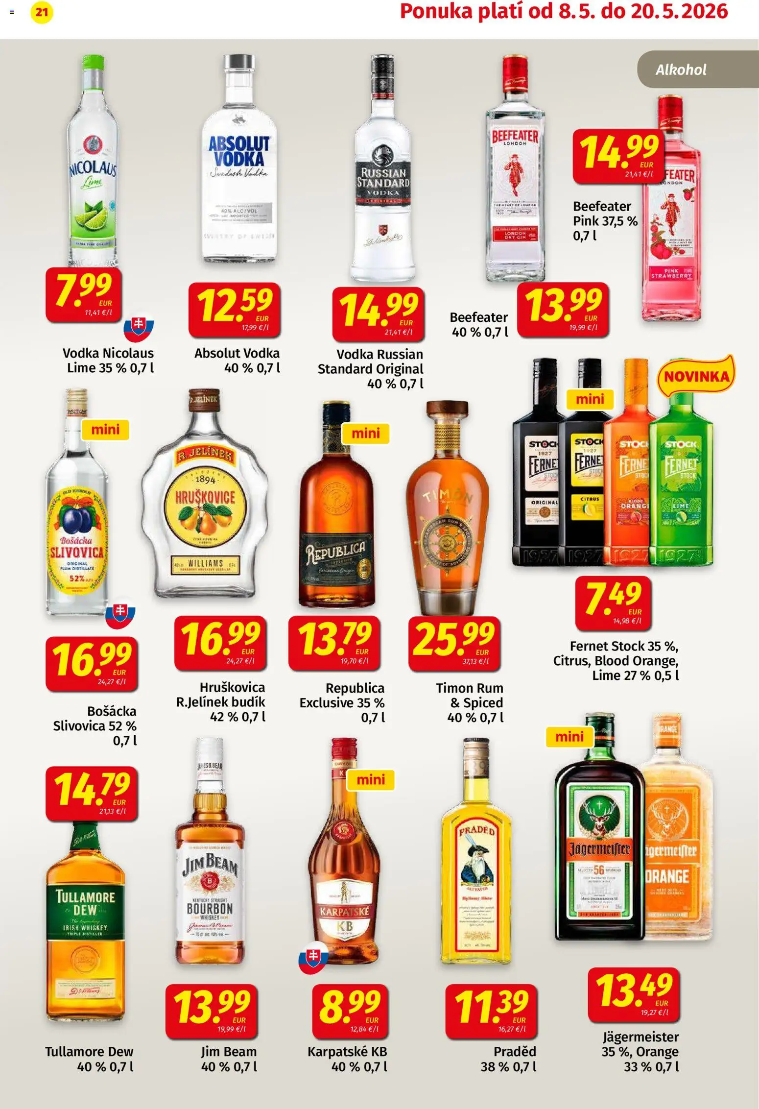 Nové Koruna akcie – leták je platný od 08.05.2026 | Strana: 21 | Produkty: Vodka, Fernet, Alkohol, Tullamore Dew