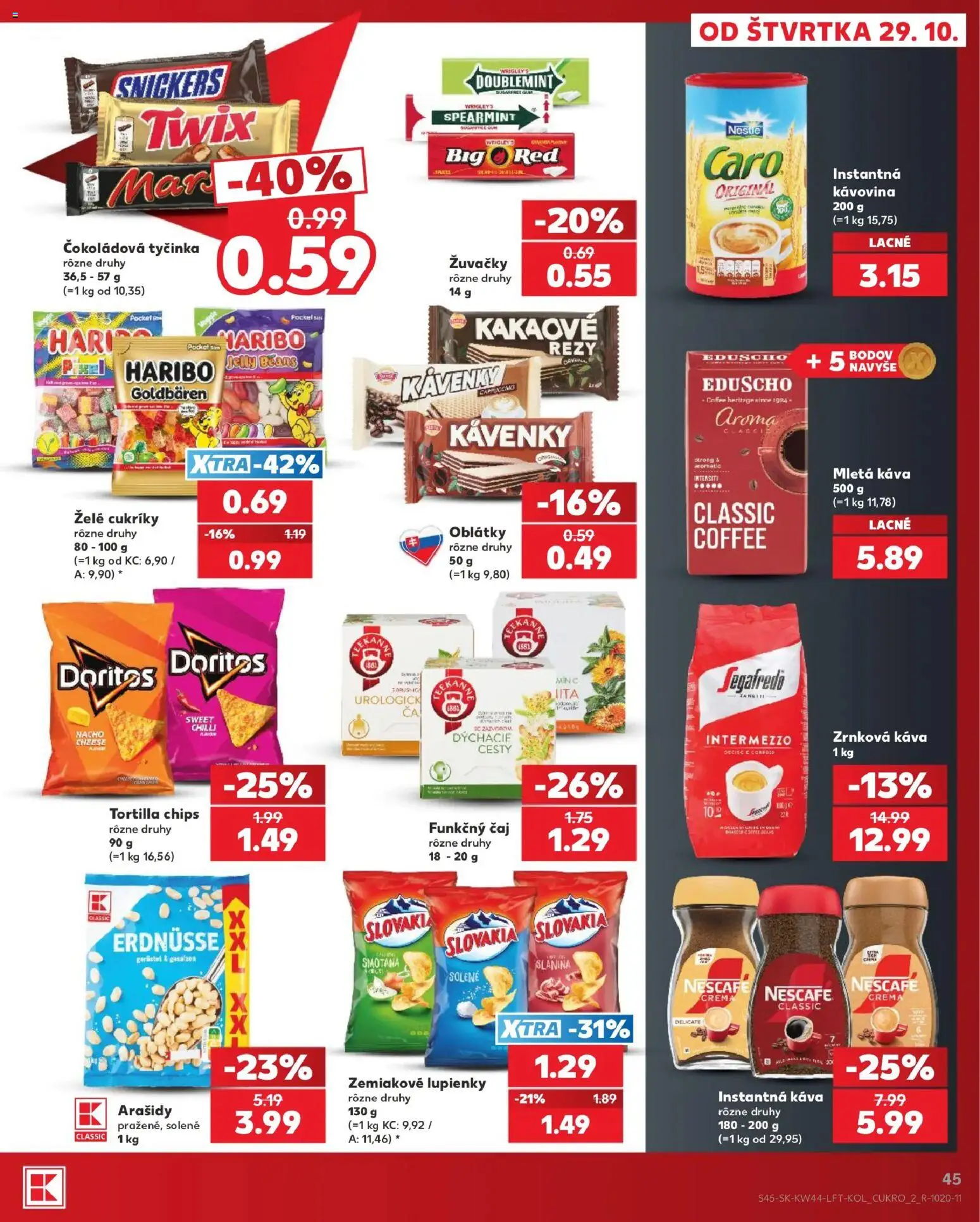 Nové Kaufland akcie – leták je platný od 29.10.2026 | Strana: 45 | Produkty: Káva, Čaj, Tortilla chips, Žuvačky