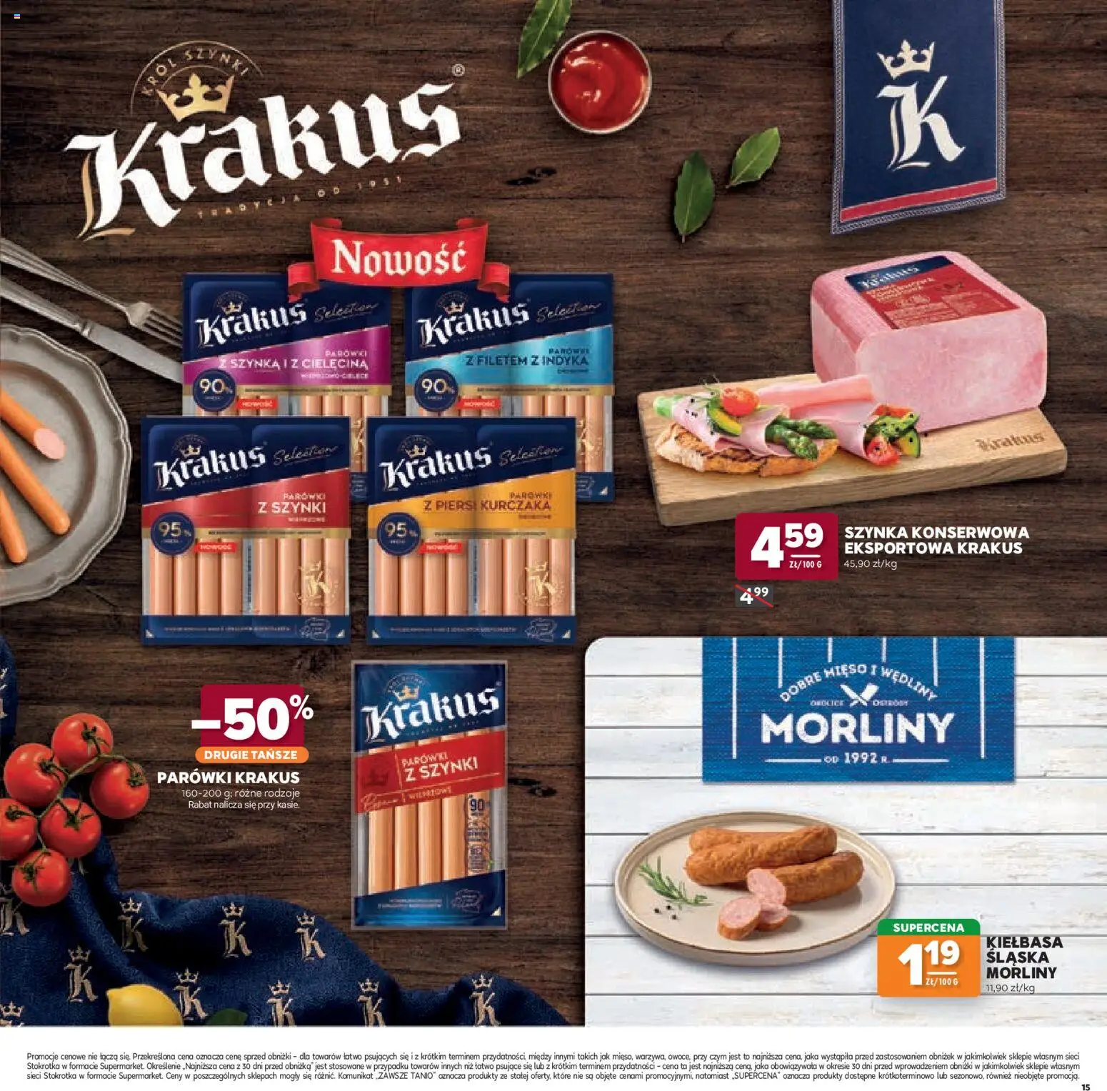 Stokrotka gazetka - Katalog Jesienne Inspiracje od 15.10.2026 | Strona: 15 | Produkty: Stokrotka, Kiełbasa śląska morliny, Szynka konserwowa, Szynka