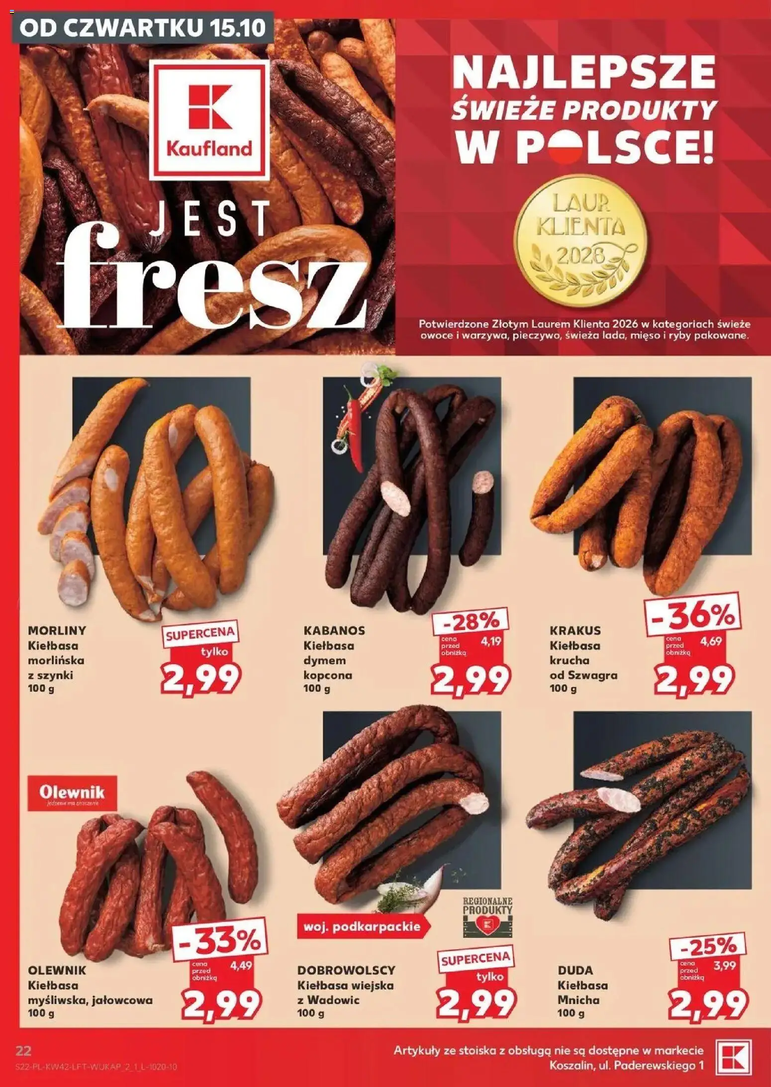 Kaufland aktualna gazetka od 15.10.2026 - od jutra PDF | Strona: 22 | Produkty: Kiełbasa, Kabanos, Ryby, Owoce