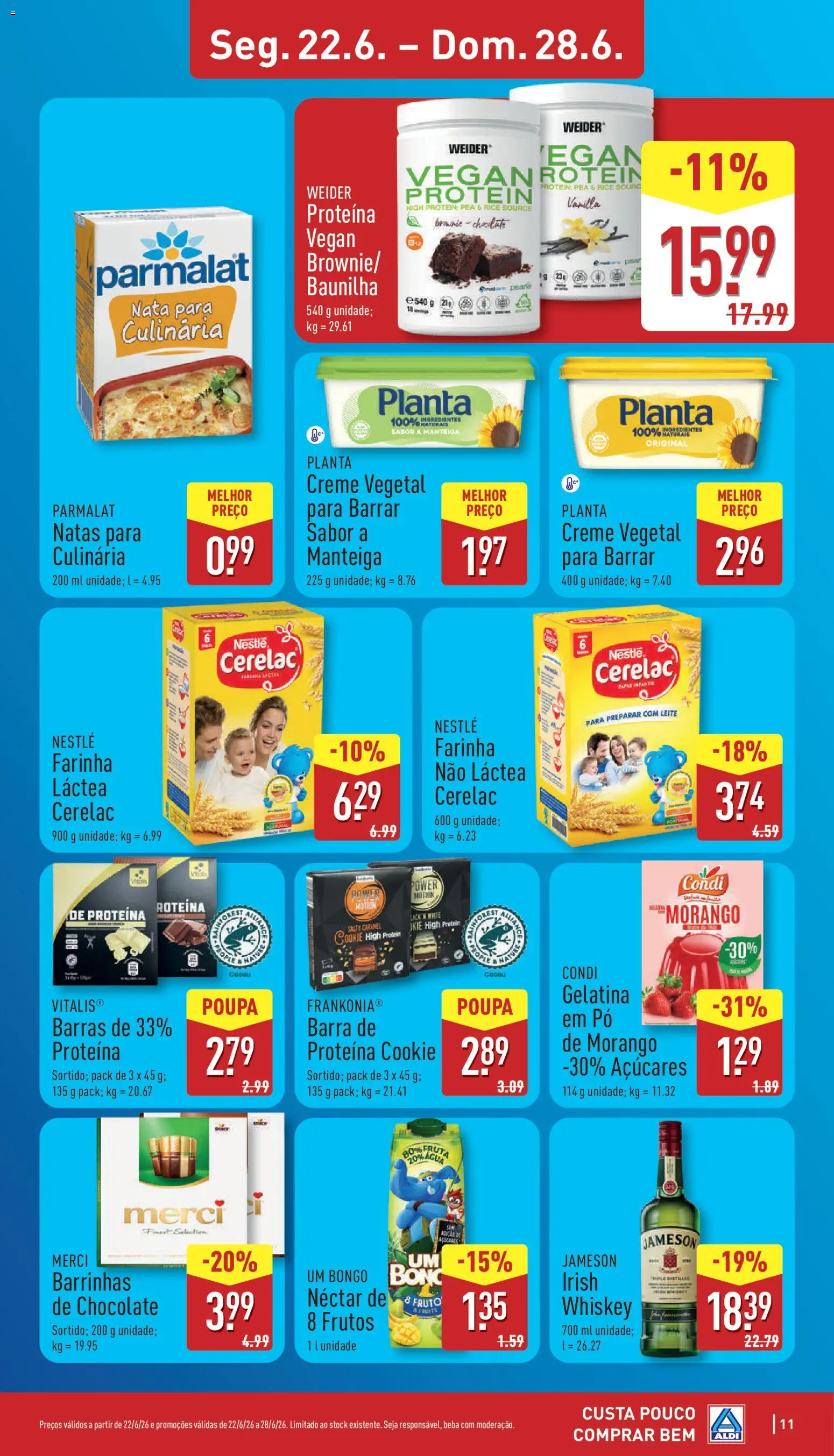 Aldi folheto │ válido de 22.06.2026 | Página: 11 | Produtos: Farinha láctea, Barra de proteína, Leite, Manteiga