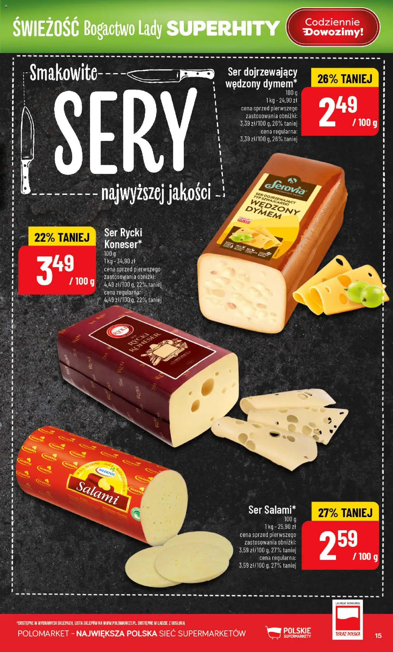 POLOmarket gazetka od 01.07.2026 | Strona: 15 | Produkty: Ser dojrzewający, Sery, Ser, Salami