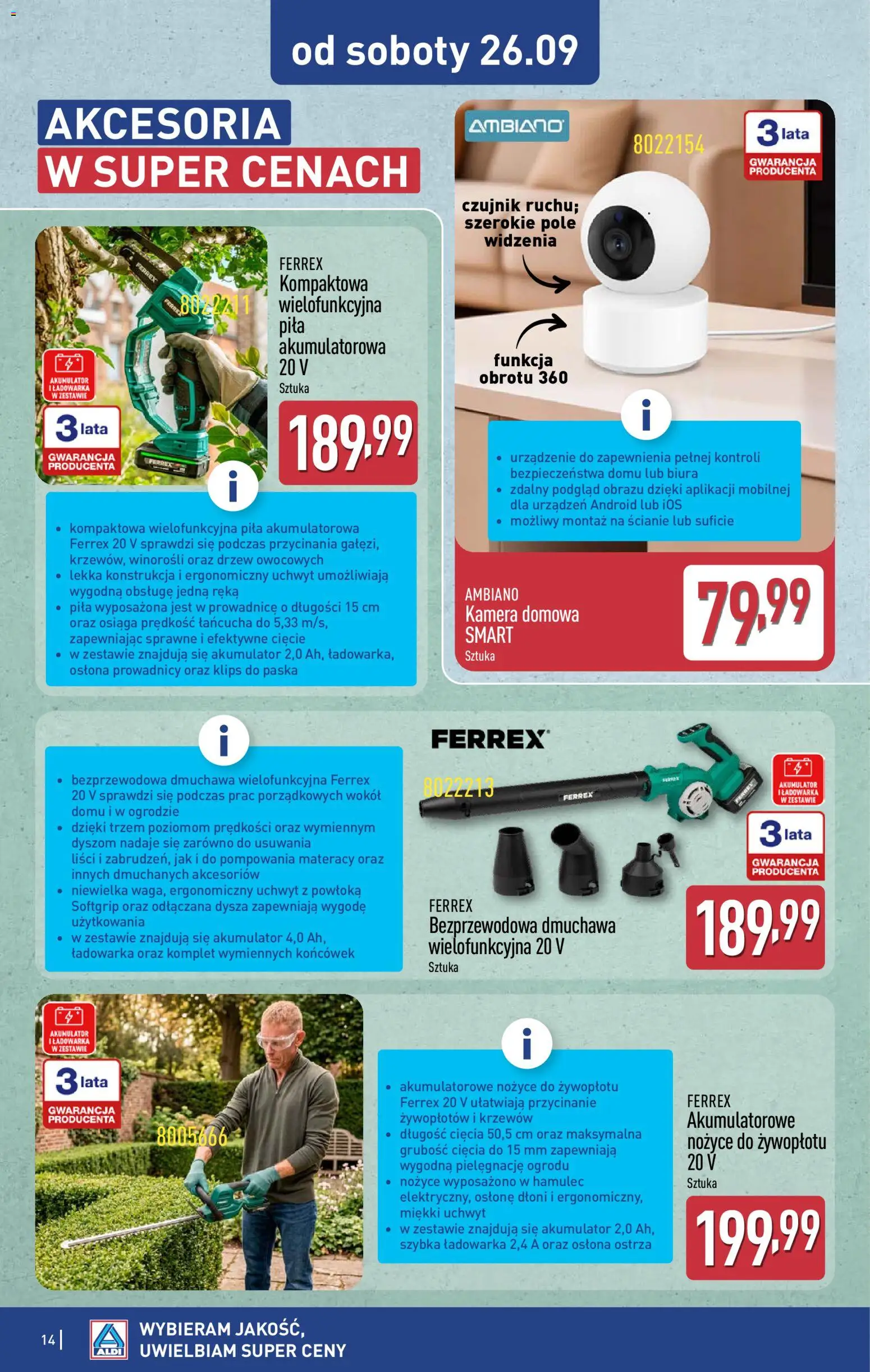 Aldi gazetka - Hity od Środy i od Soboty od 23.09.2026 | Strona: 14 | Produkty: Ładowarka, Akumulatorowe nożyce, Kamera domowa, Nożyce do żywopłotu