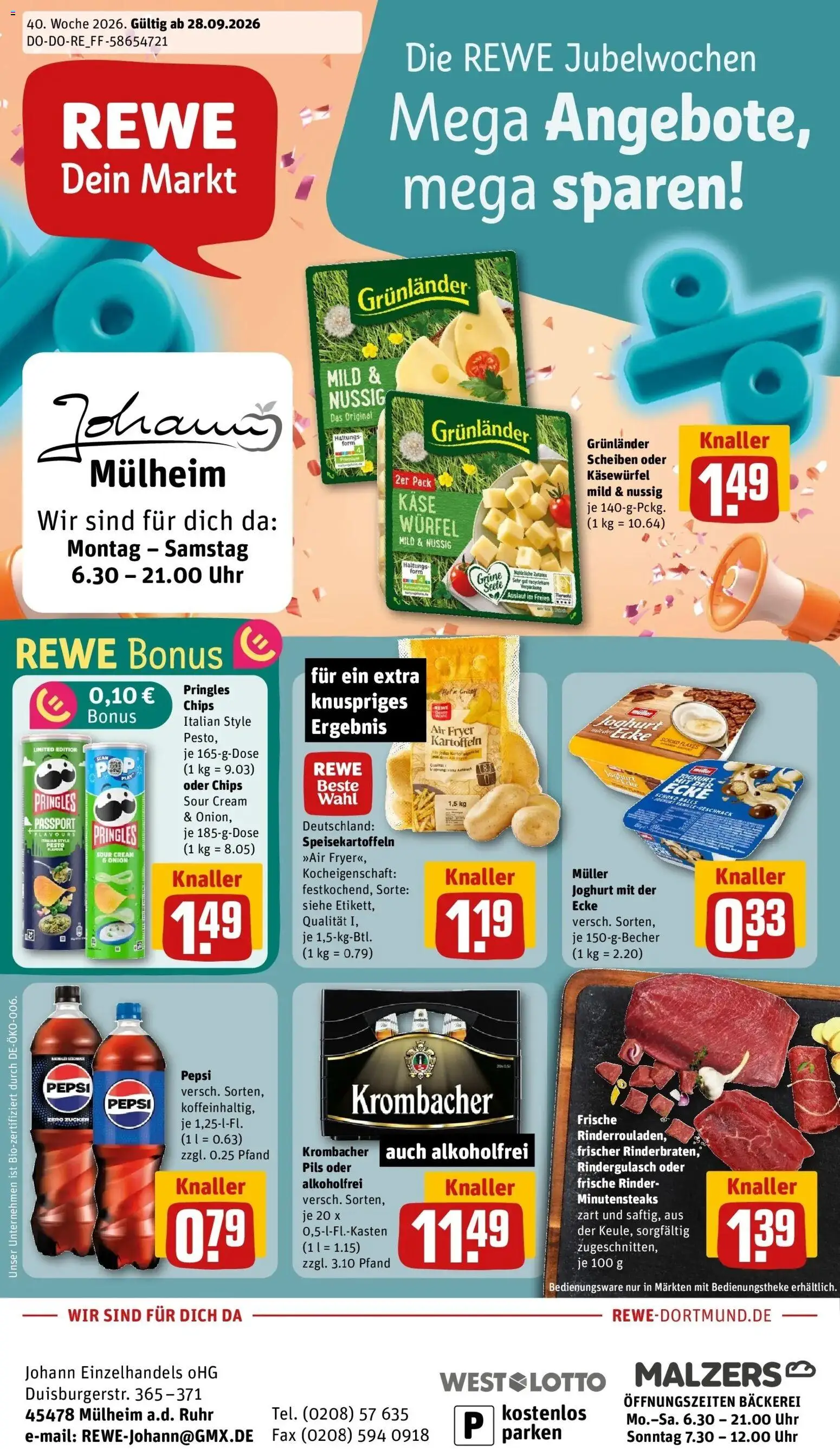 REWE Prospekt ab 28.09.2026 zum Blättern » Angebote | Seite: 1 | Produkte: Rindergulasch, Kartoffeln, Krombacher, Pringles