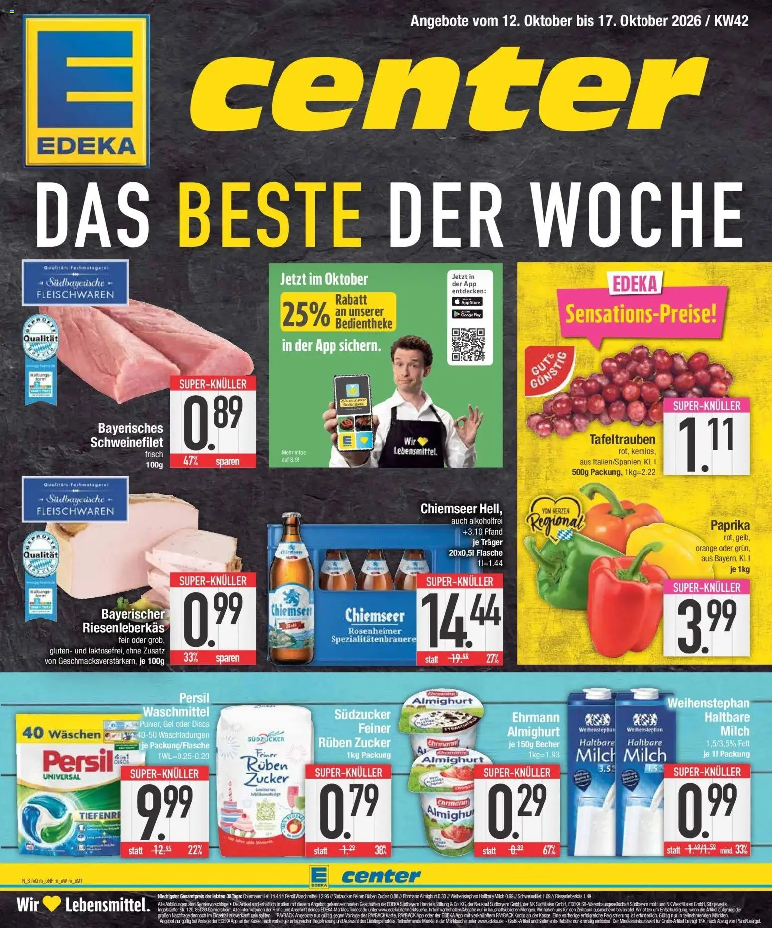 E center Prospekt München (ab 12.10.2026) zum Blättern | Seite: 1 | Produkte: Theke, Haltbare milch, Paprika, Zucker