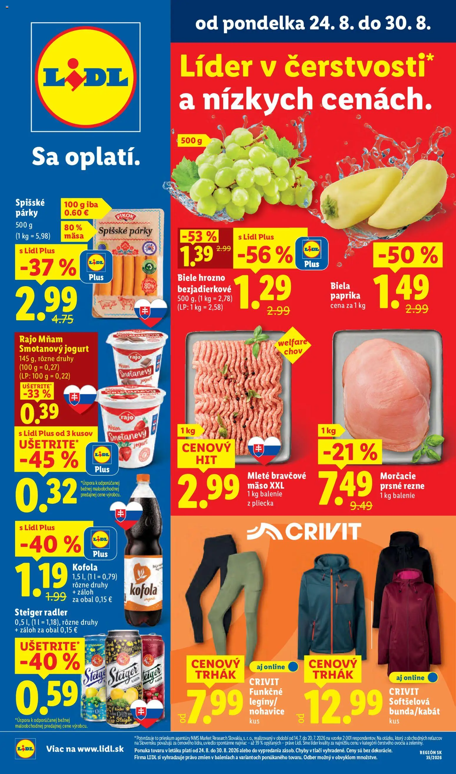 Nové Lidl akcie – leták je platný od 24.08.2026 | Strana: 1 | Produkty: Kofola, Morčacie prsné rezne, Bravčové mäso, Rezne