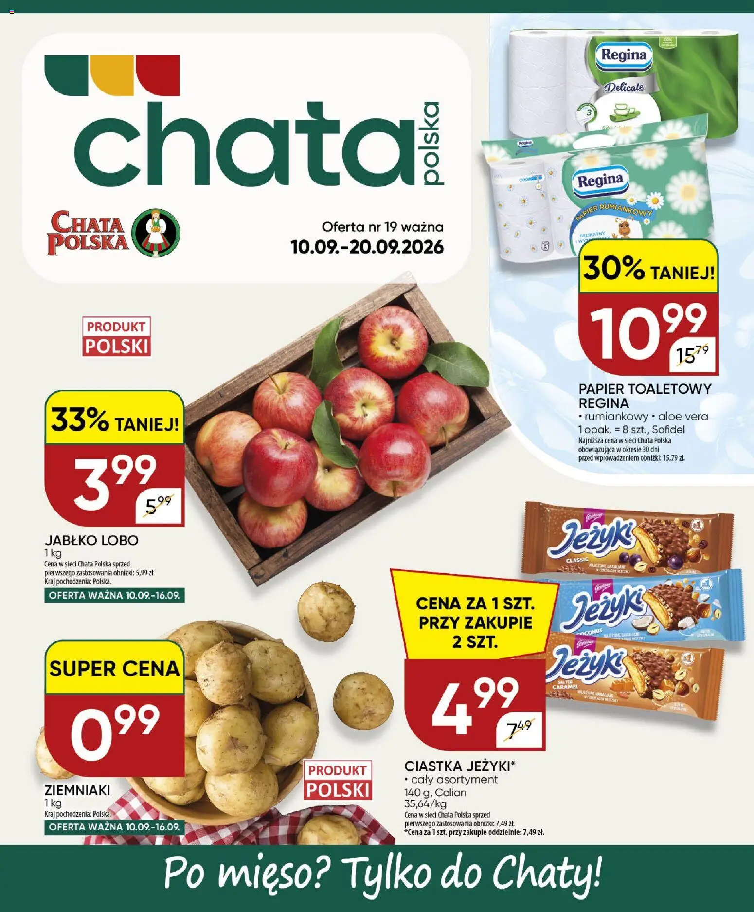 Chata Polska gazetka od 10.09.2026 | Strona: 1 | Produkty: Papier toaletowy, Mięso, Ciastka, Ziemniaki