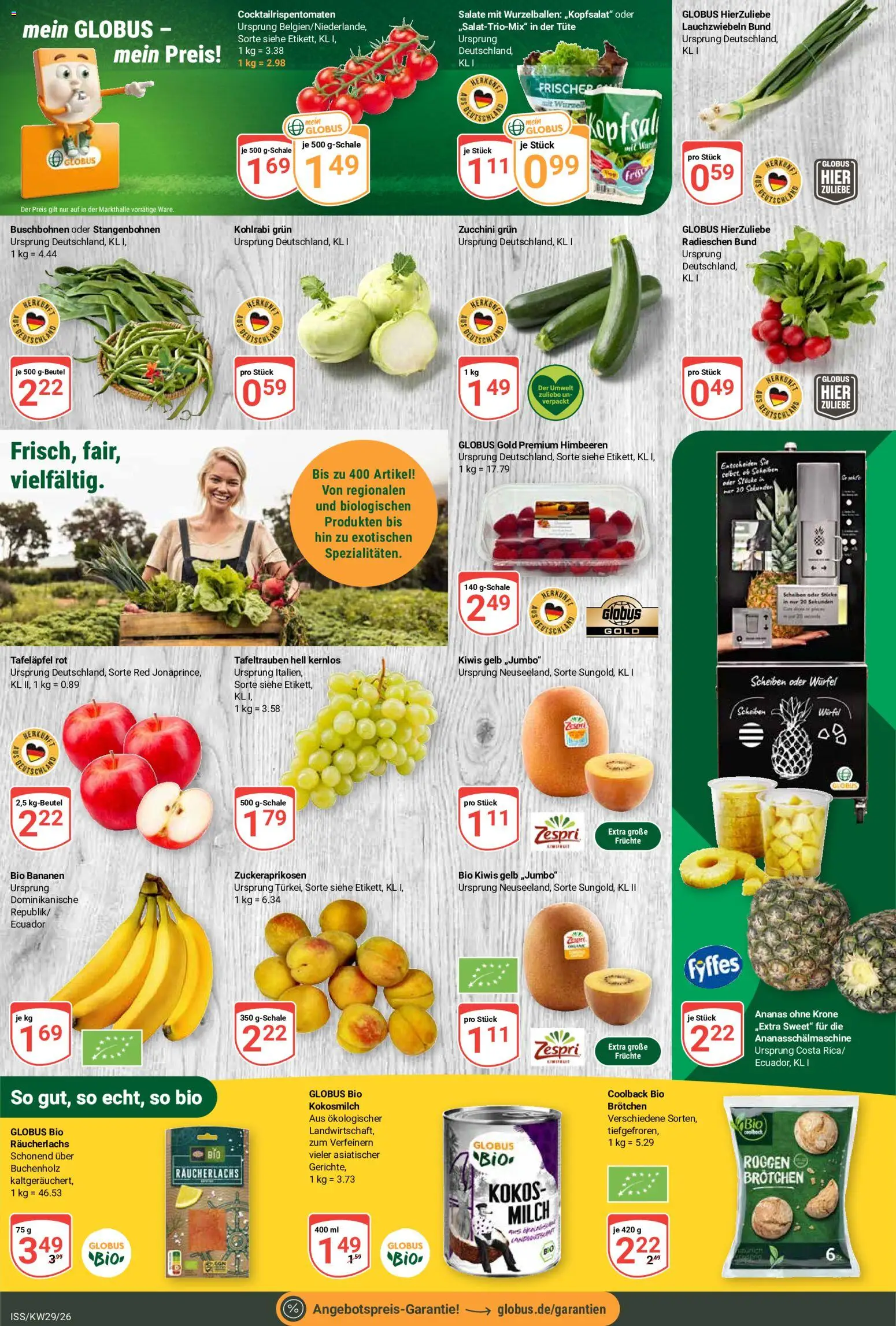 Globus Prospekt – gültig ab 13.07.2026 | Seite: 4 | Produkte: Himbeeren, Bananen, Ananas, Zucchini