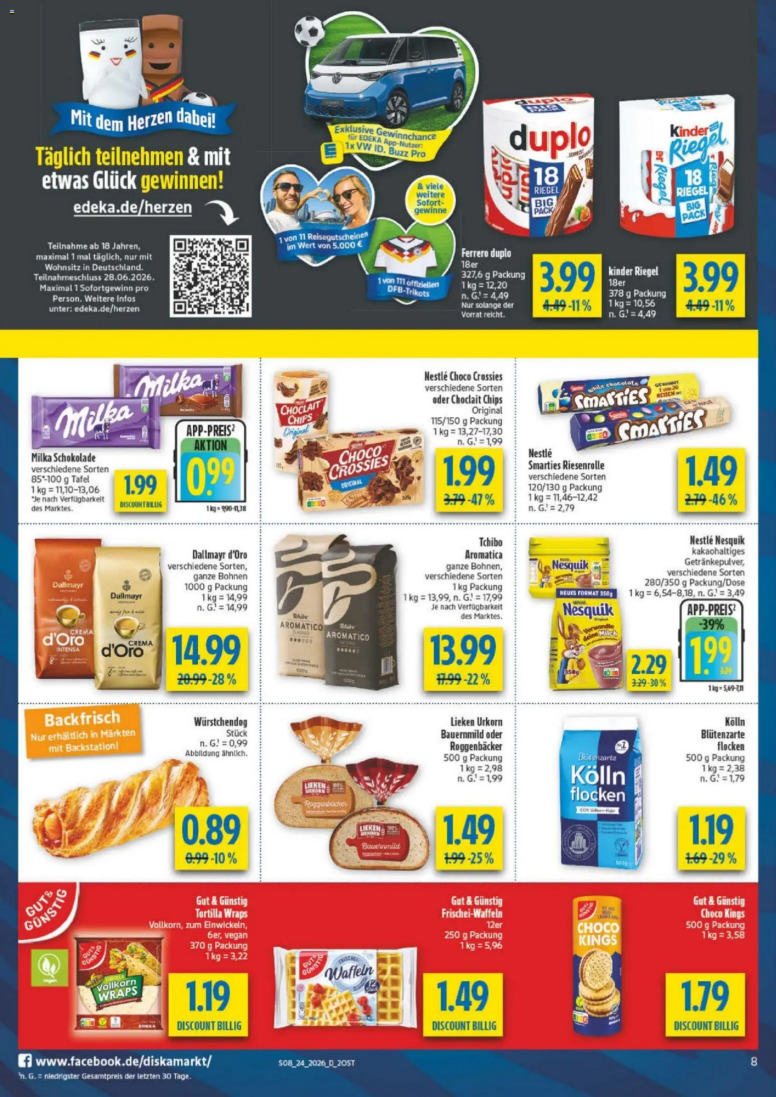 Diska Prospekt – gültig ab 08.06.2026 | Seite: 12 | Produkte: Milch, Ferrero duplo, Milka schokolade, Chips