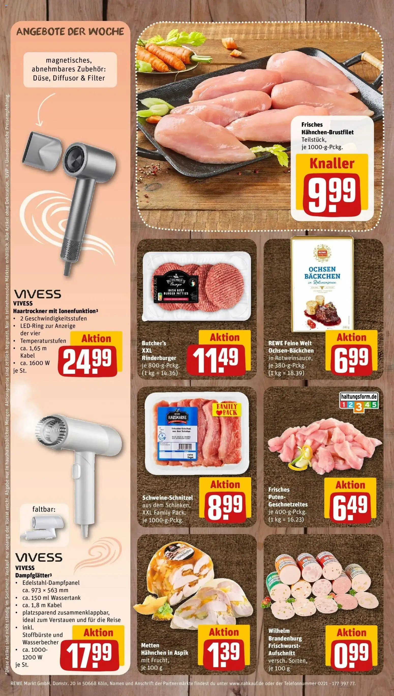 REWE Prospekt ab 05.10.2026 zum Blättern » Angebote | Seite: 8 | Produkte: Kabel, Haartrockner, Burger, Schinken