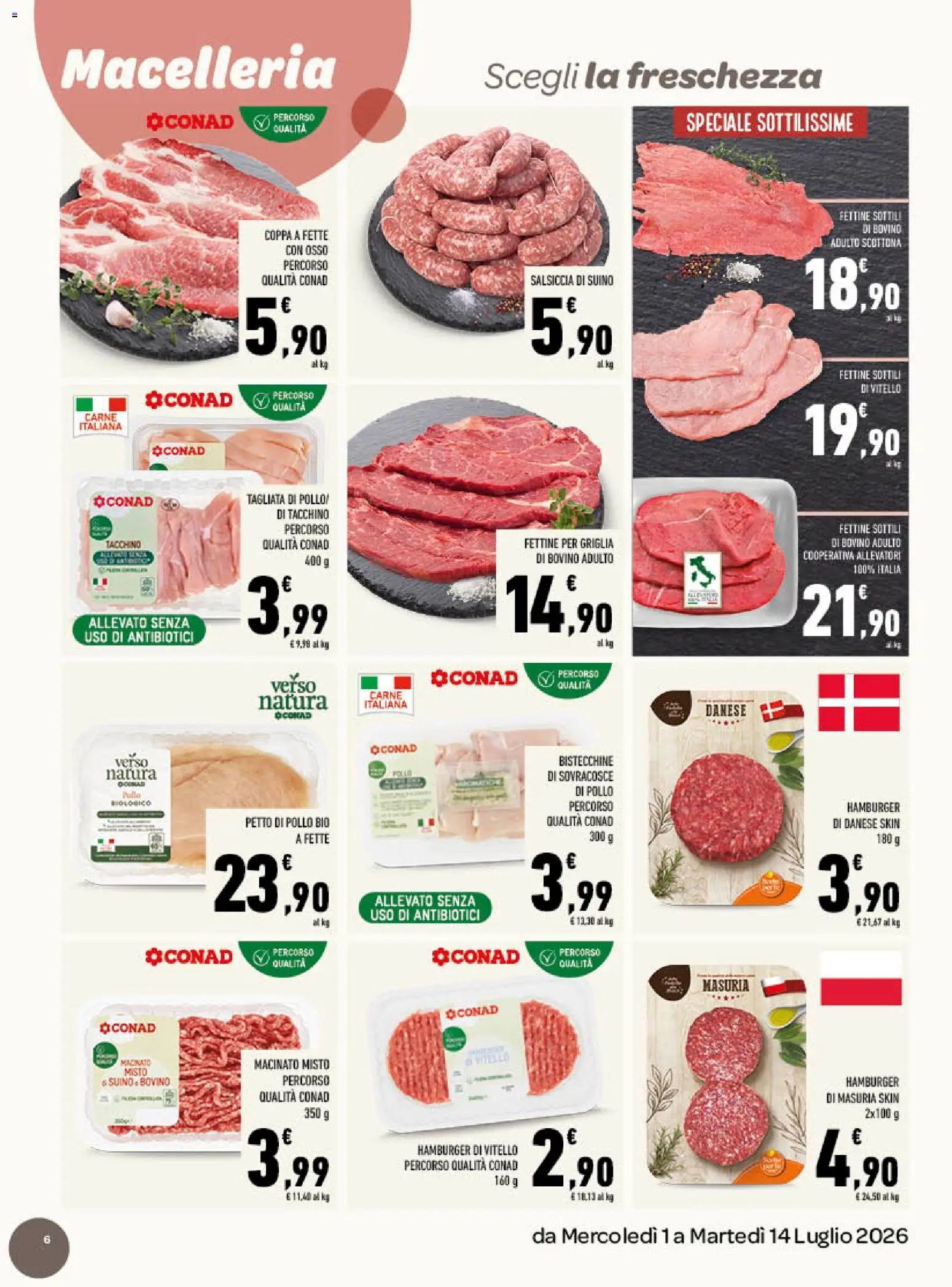 Volantino Conad del 01/07/2026 | Pagina: 6 | Prodotti: Suino, Tacchino, Vitello, Hamburger