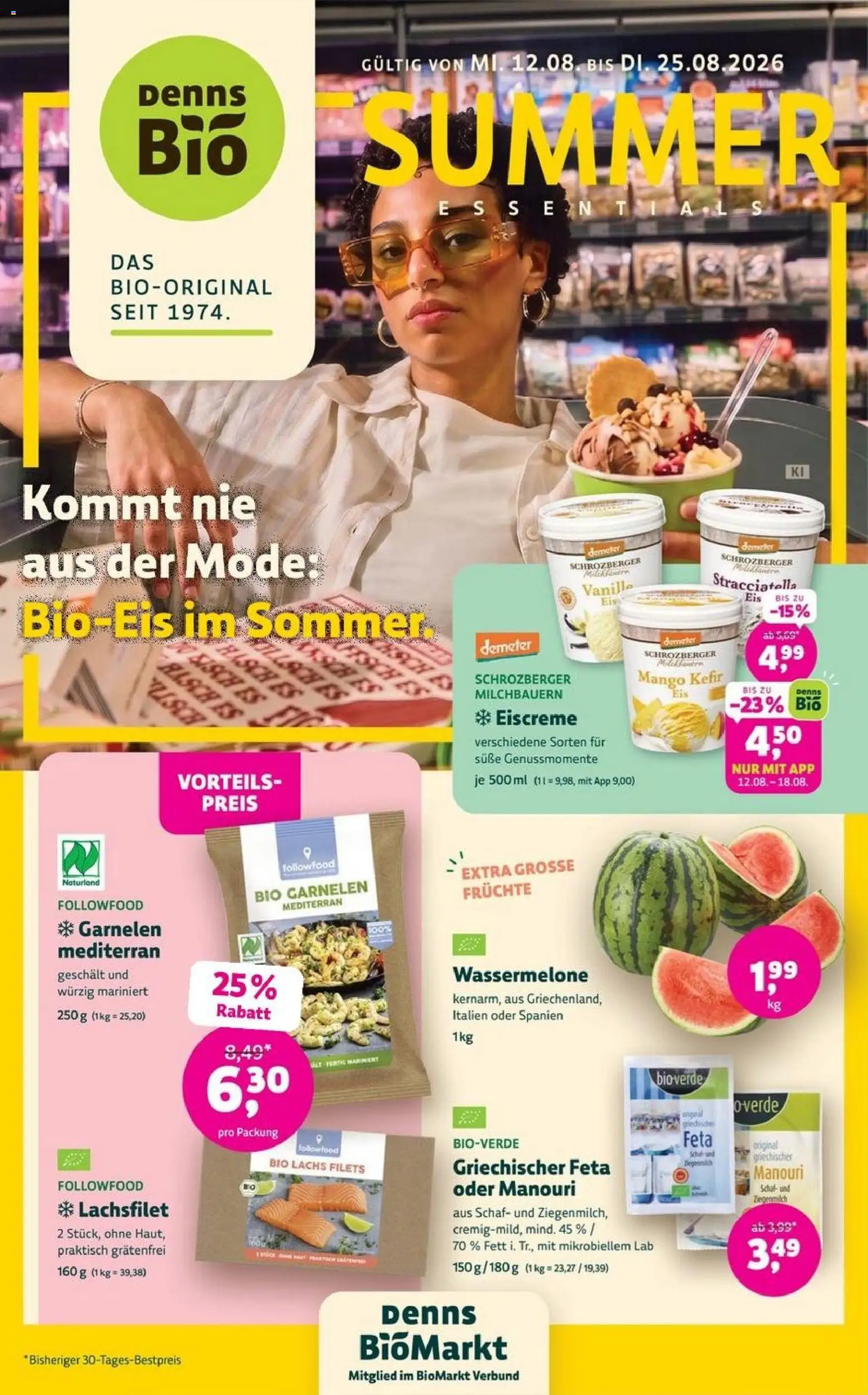 Denns BioMarkt Angebote – gültig ab 12.08.2026 | Seite: 1 | Produkte: Eiscreme, Mango, Wassermelone, Schal