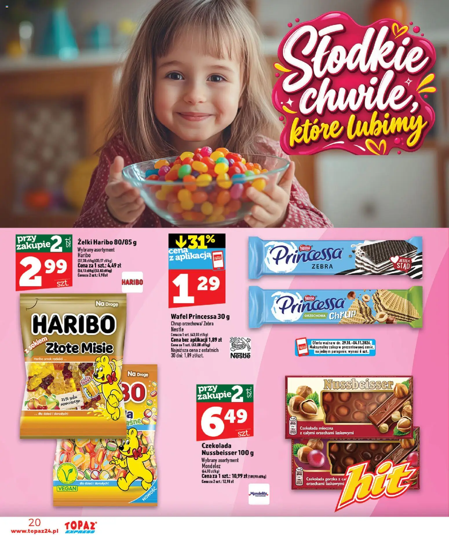 Topaz gazetka - Express od 29.10.2026 | Strona: 20 | Produkty: Żelki haribo, Czekolada mleczna, Orzechowa, Czekolada