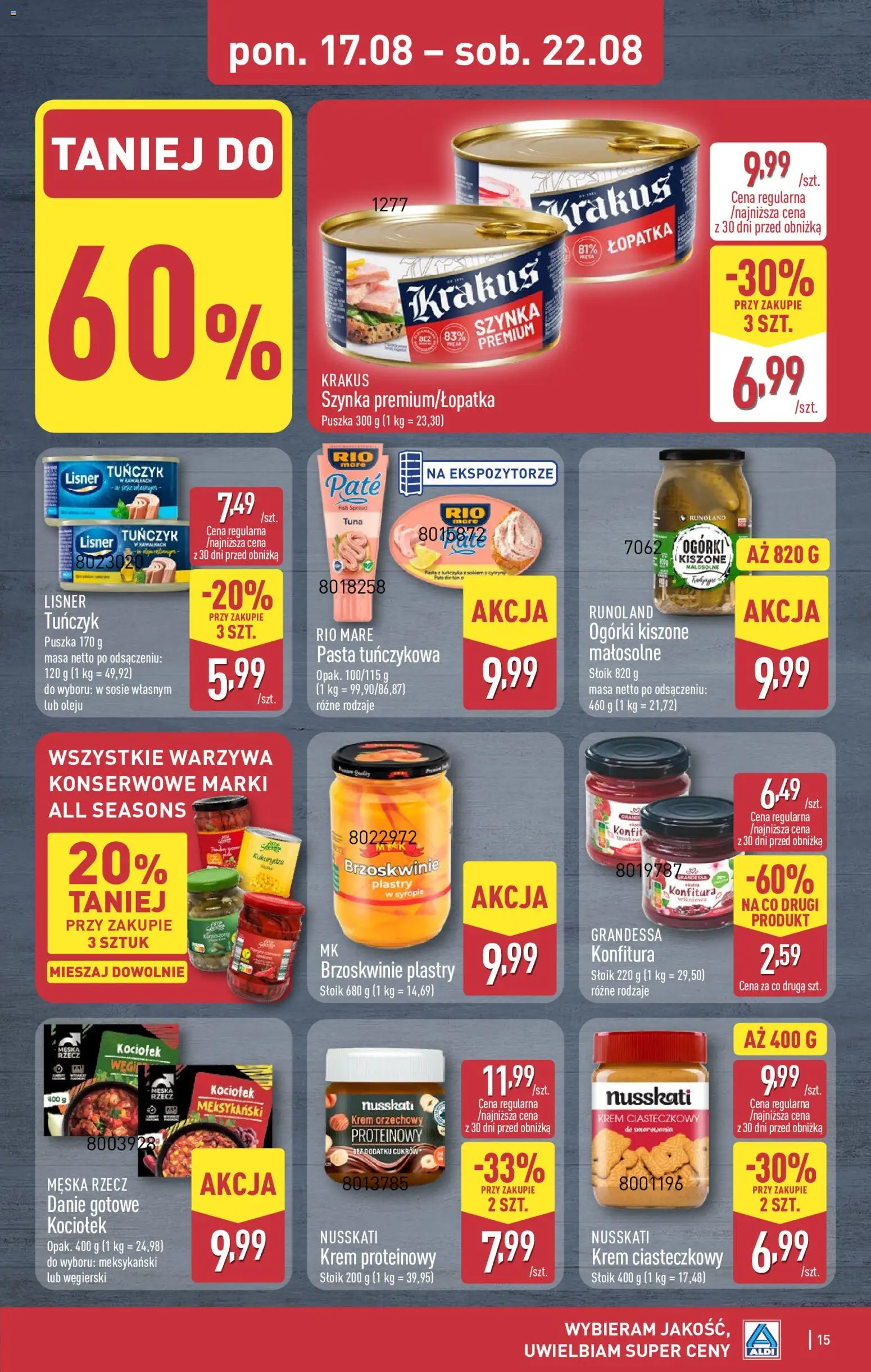 Aldi gazetka od 17.08.2026 | Strona: 15 | Produkty: Kukurydza, Tuńczyk, Ogórki kiszone, Warzywa konserwowe