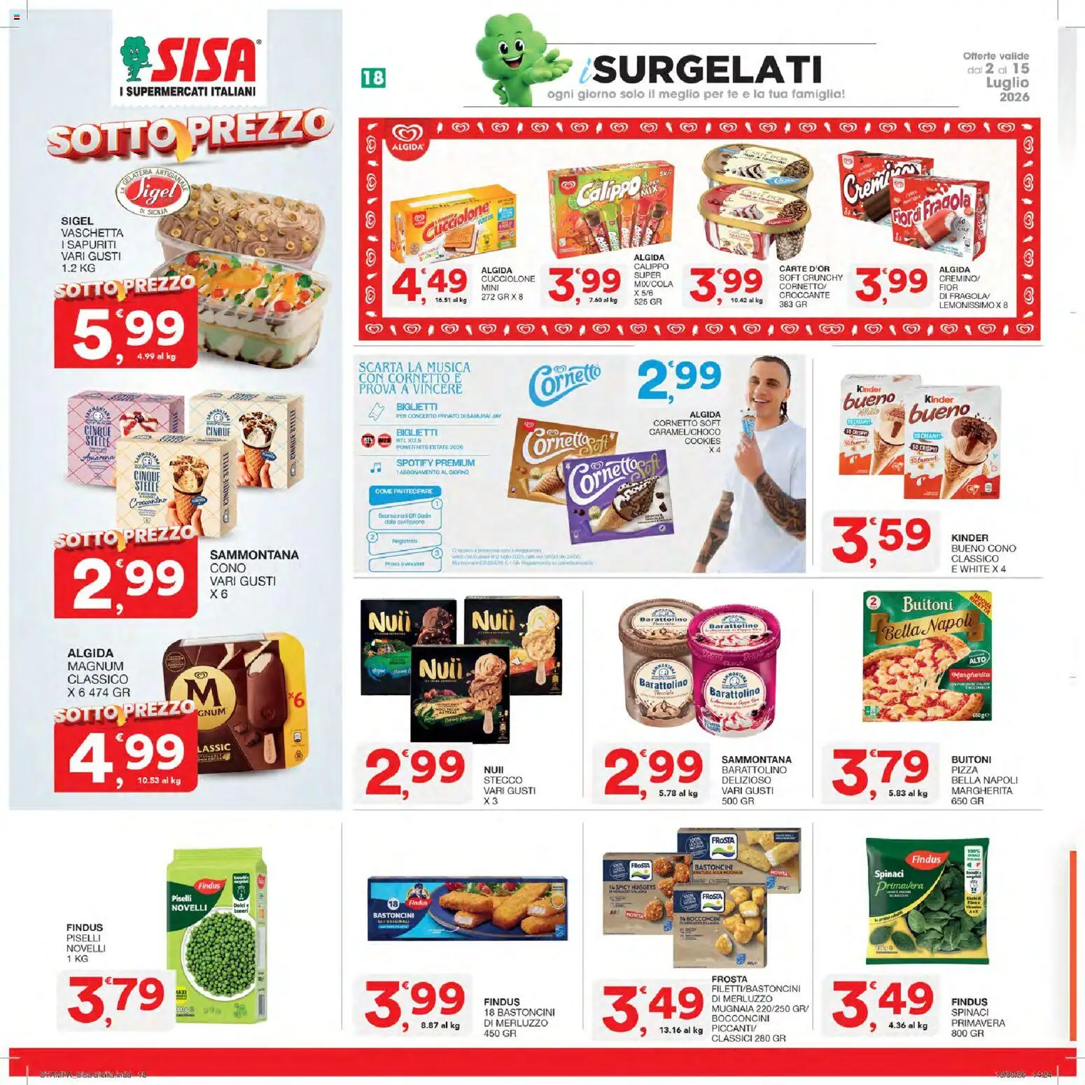 Volantino SISA del 02/07/2026 | Pagina: 18 | Prodotti: Cornetto, Nuggets, Spinaci, Piselli