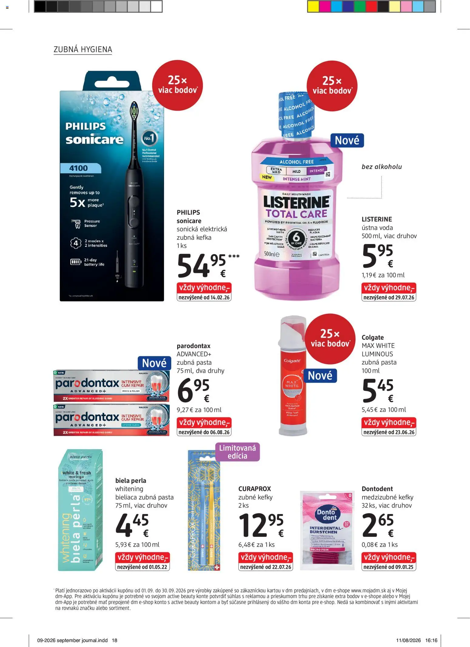 Nové dm drogerie akcie – leták je platný od 01.09.2026 | Strana: 18 | Produkty: Zubná kefka, Listerine, Ústna voda, Curaprox