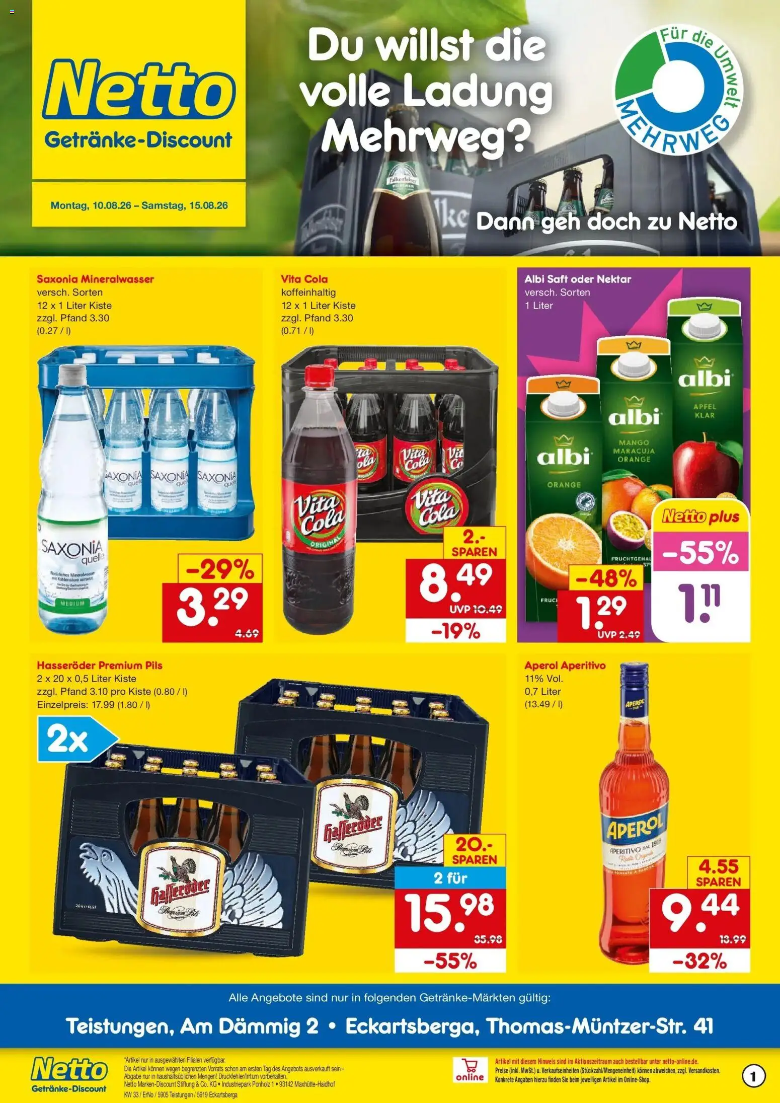 Netto Marken-Discount Prospekt Teistungen – gültig ab 10.08.2026 | Seite: 1 | Produkte: Cola, Pils, Aperol, Hasseröder